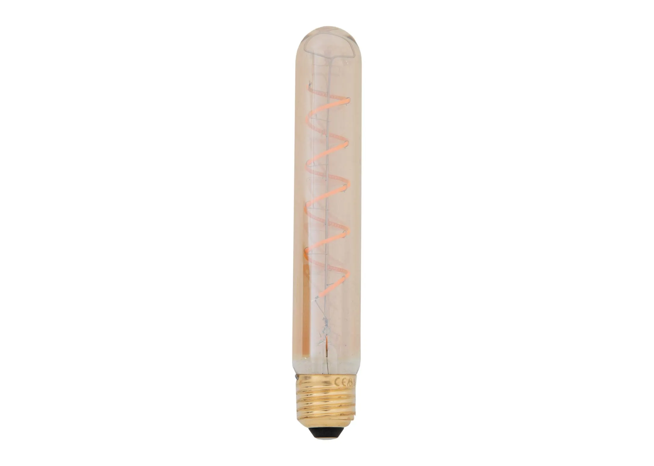 An amber tube shaped LED light bulb from EZ Livings light bulb range. Front view of element
