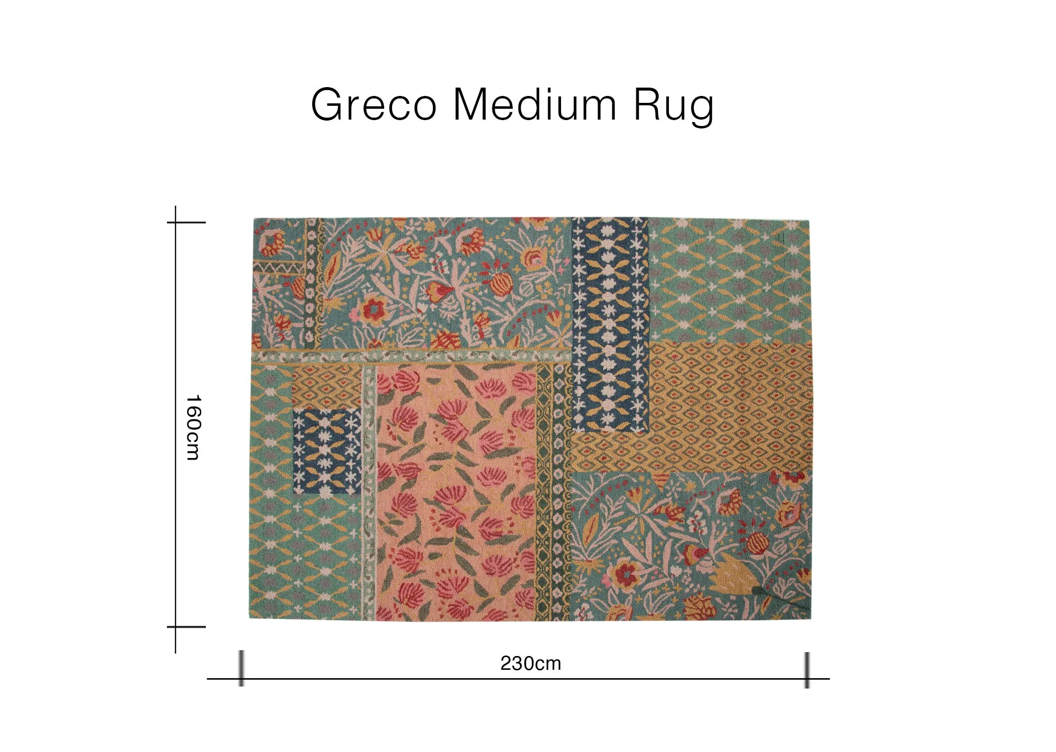 A dimension image of the Greco Medium Rug with 230cm x 160cm
