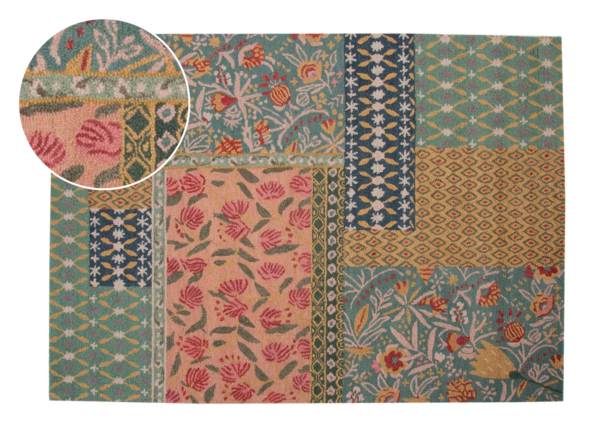 A patchwork rug with pink flowers & green blue red and yellow design from EZ Livings Greco range.