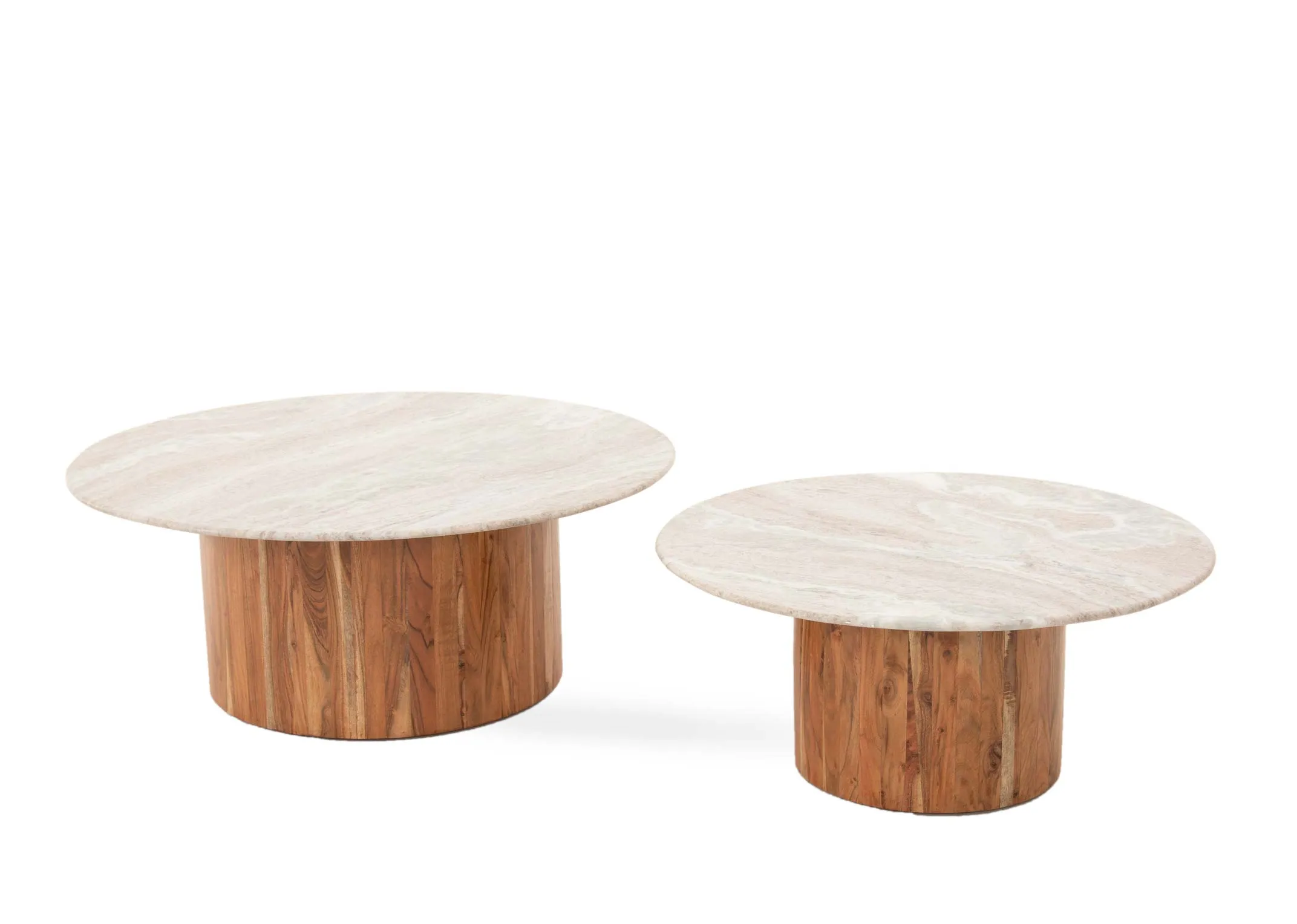 A set of 2 side tables with round wood base with marble white tops from EZ Livings Cauley range. Angled view of 2 round tables