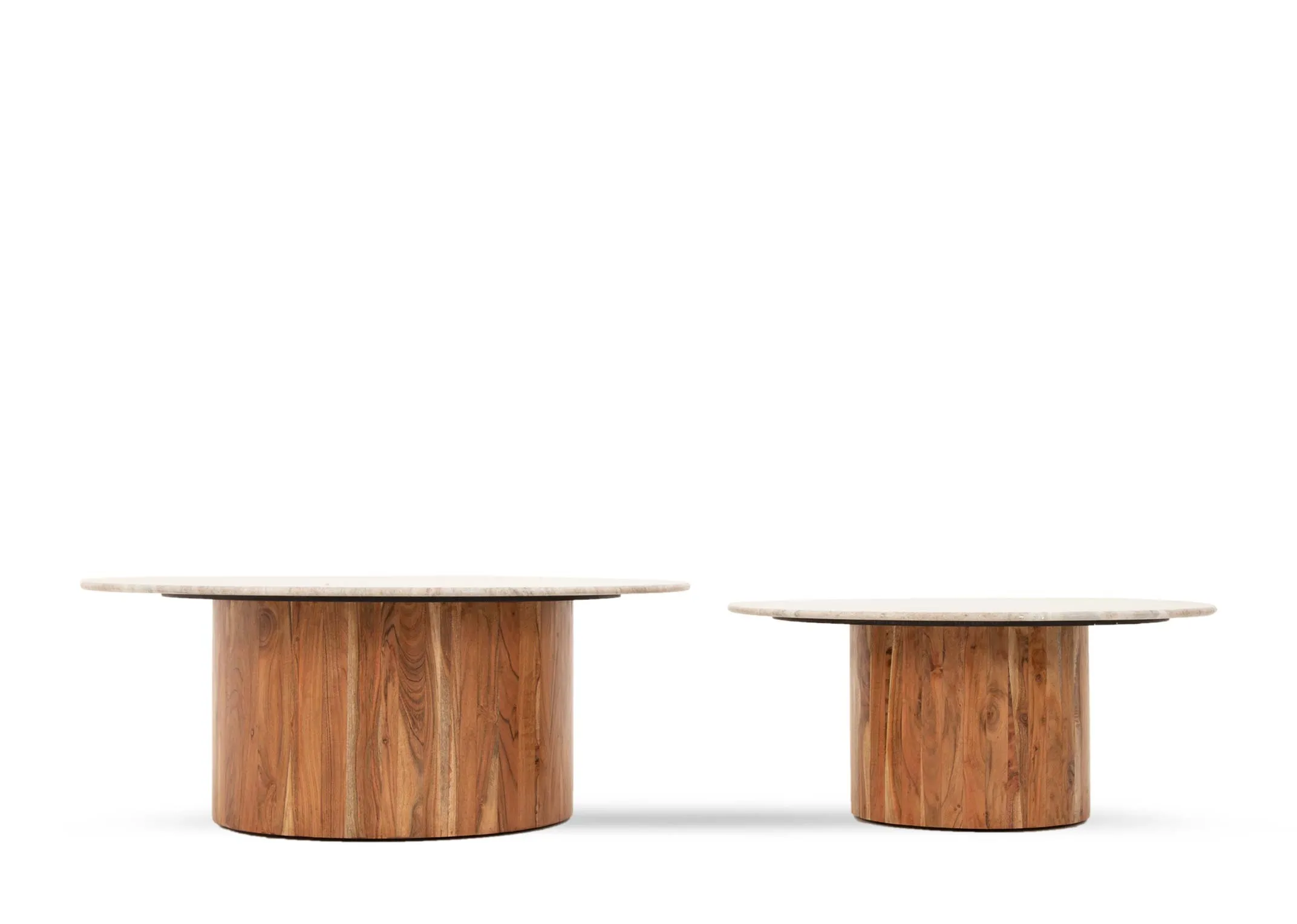 A set of 2 side tables with round wood base with marble white tops from EZ Livings Cauley range. Front view of acacia wood base