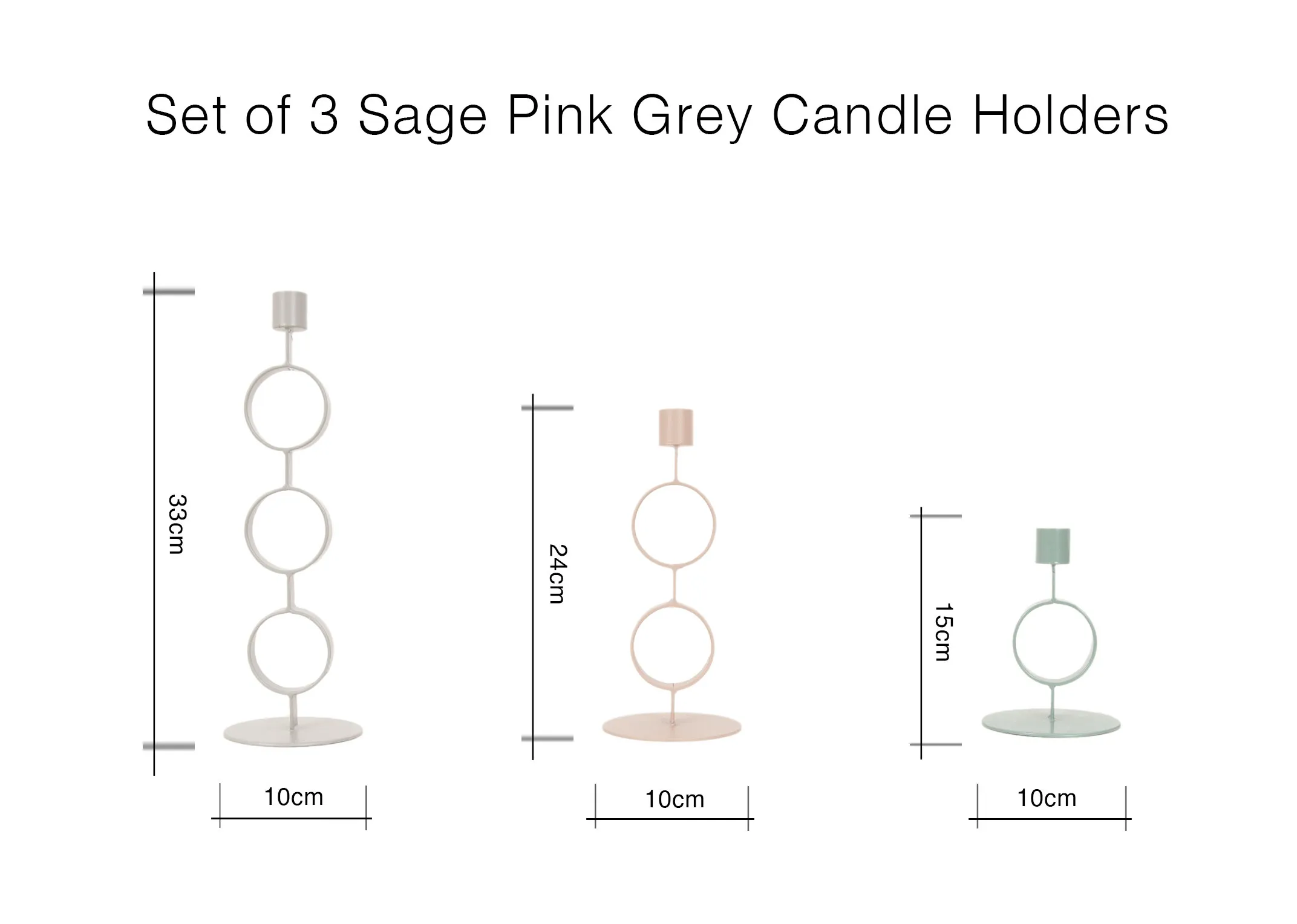 A dimension image of the Set of 3 Candleholders with 10cm x 15cm-33cm
