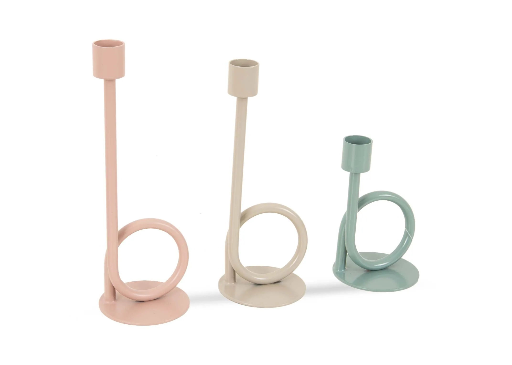 A set of 3 candleholders in light pink grey and green from EZ Livings Votive range. Angled view of 3 different size holders