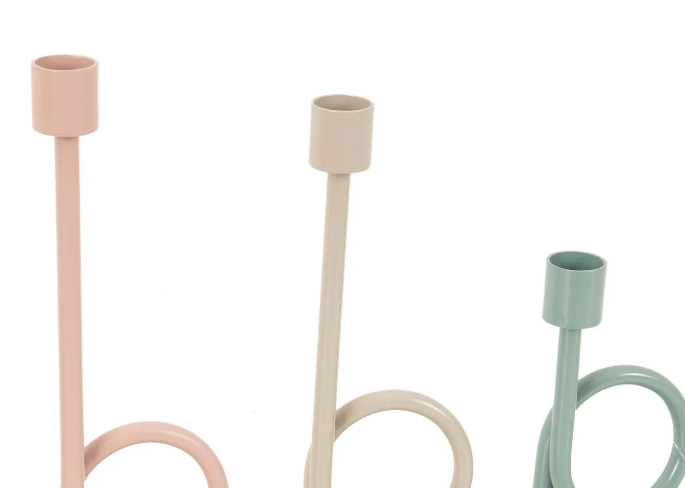 A set of 3 candleholders in light pink grey and green from EZ Livings Votive range. Closeup of candle holders and handles