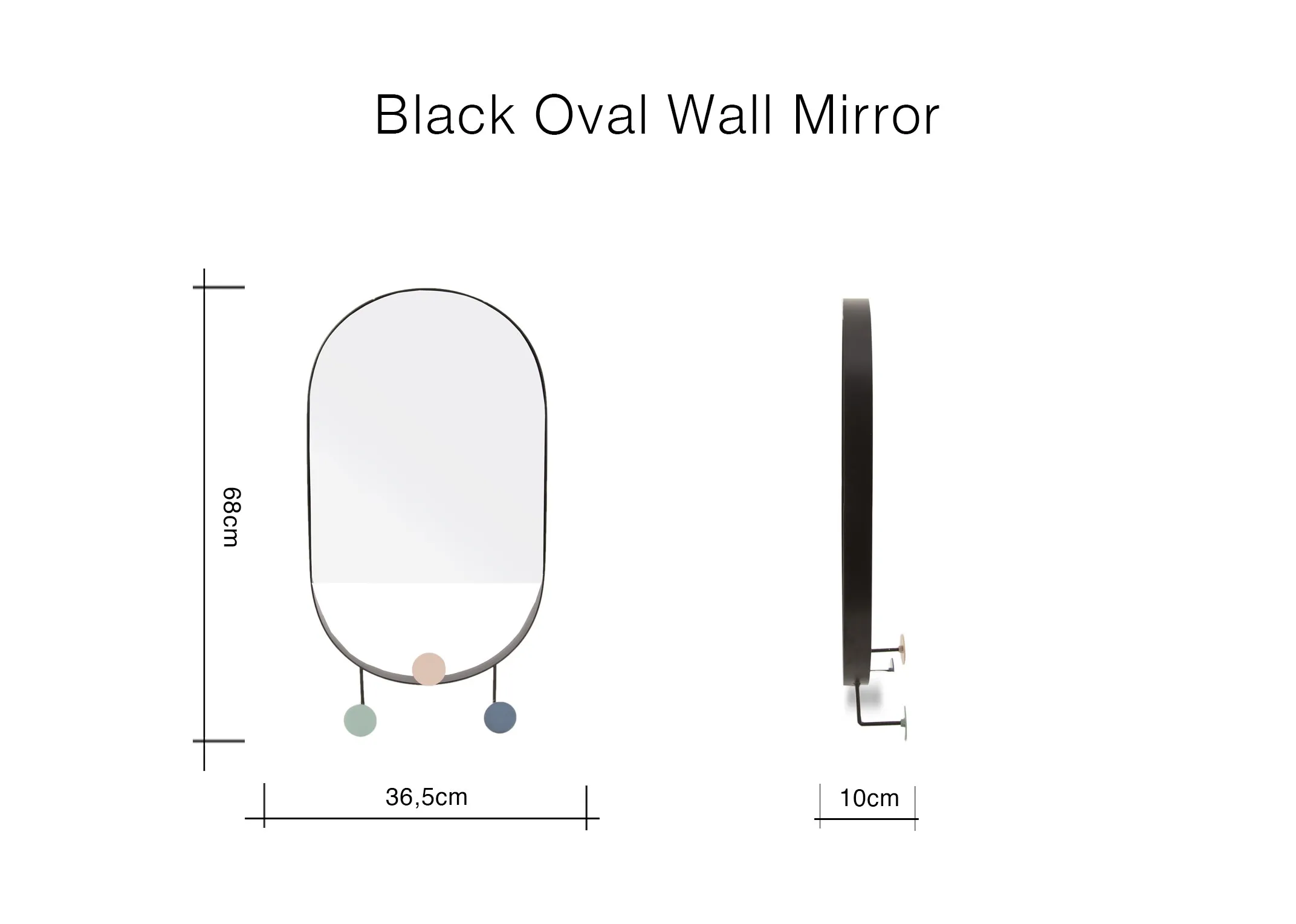A dimension image of the Black Oval wall mirror with 36.5cm x 10cm x 68cm