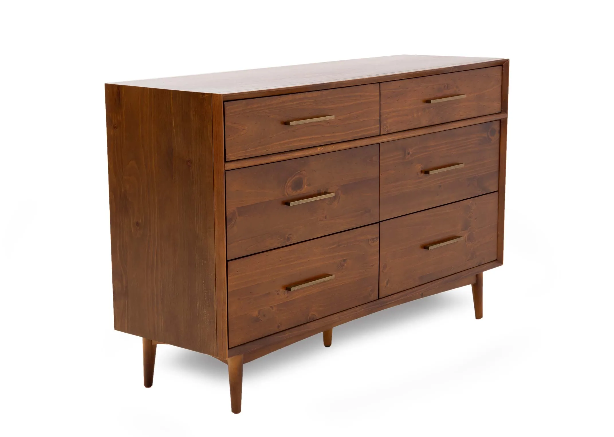 A dark wood chest of 6 drawers from EZ Livings Leya range. Angled view of drawers with gold handles.