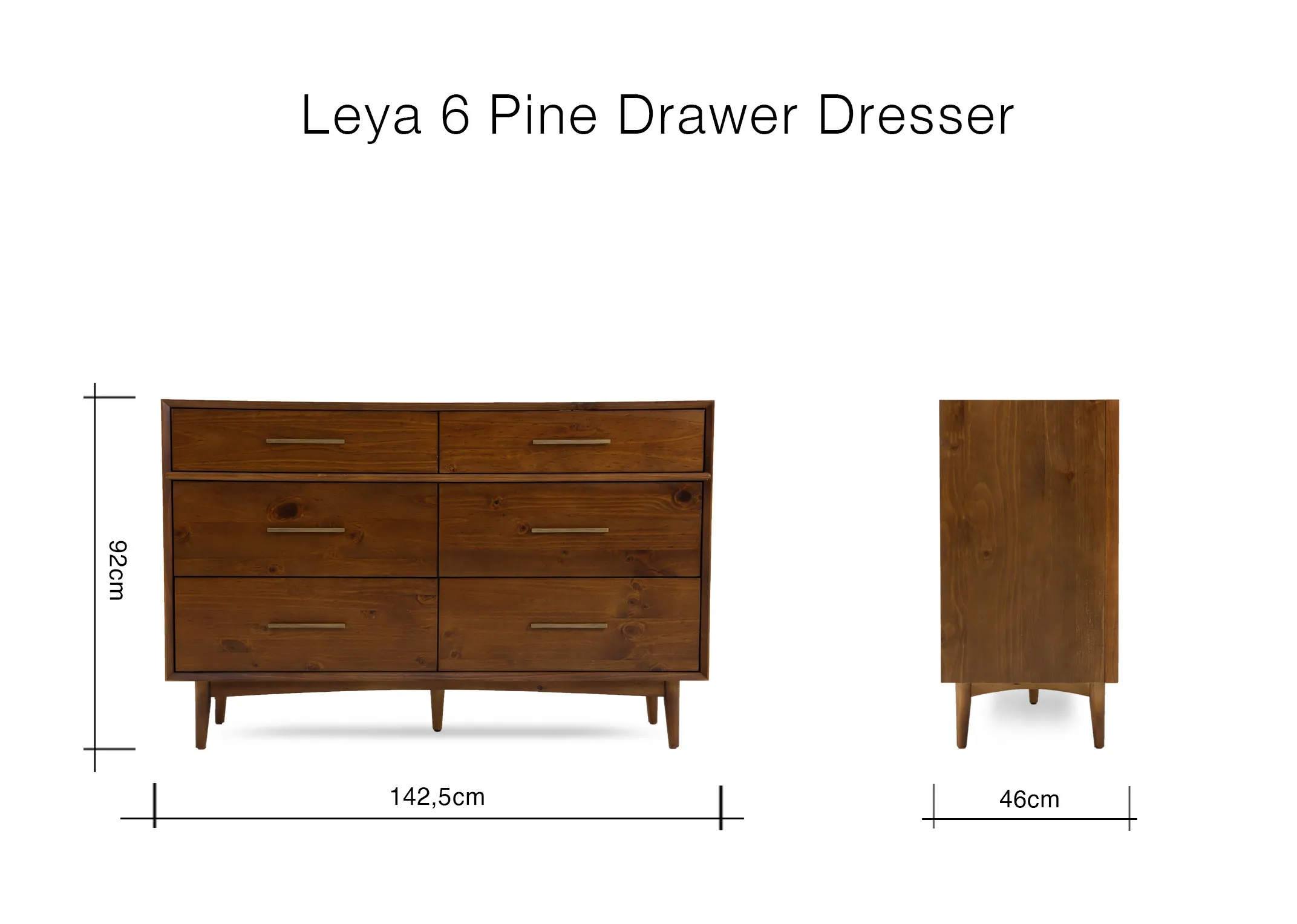 A dimension image of the Leya Pine Dresser with 142.5cm x 46cm x 52cm