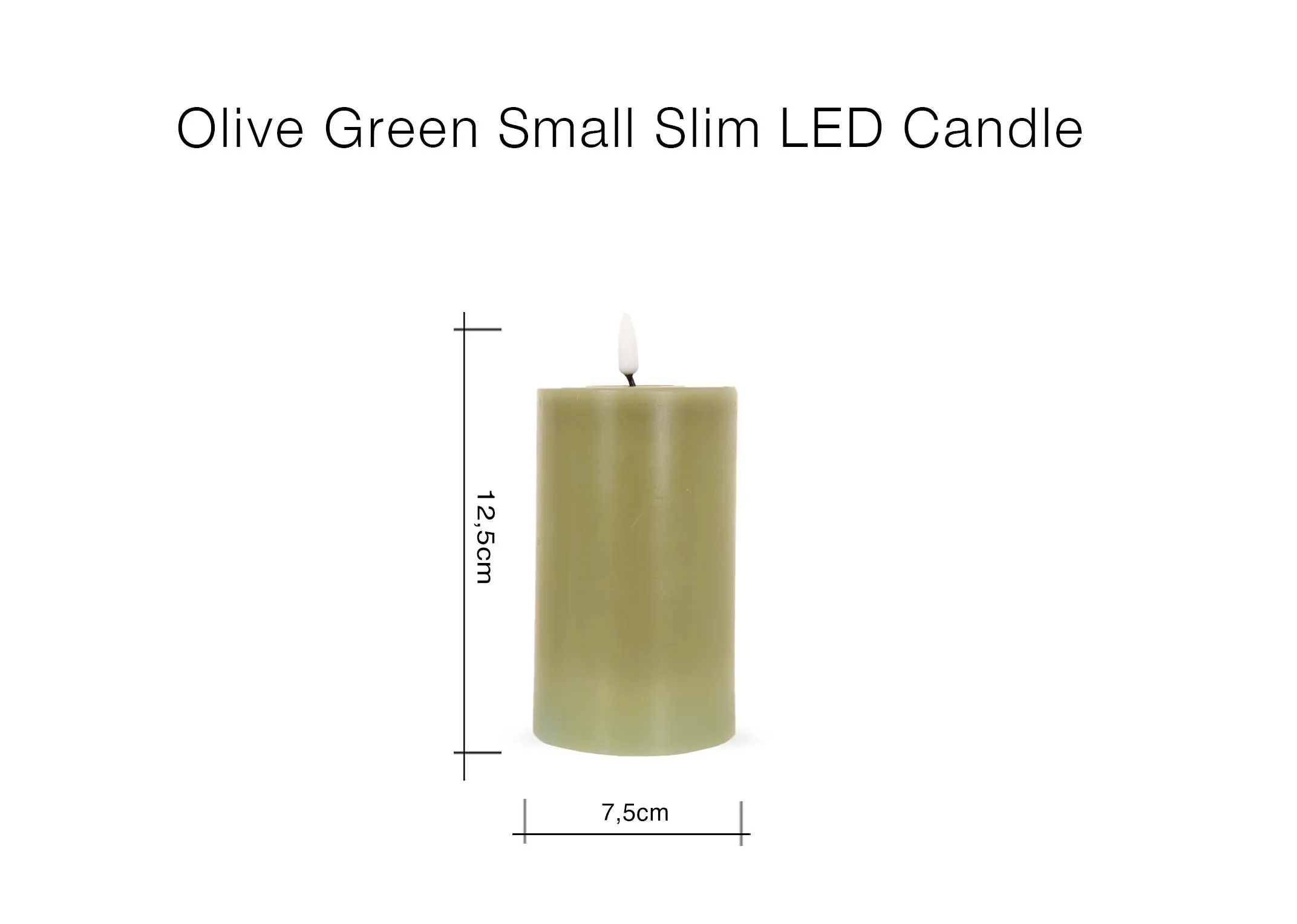 A dimension image of the Olive Green LED Candle with 7.5cm x 12.5cm