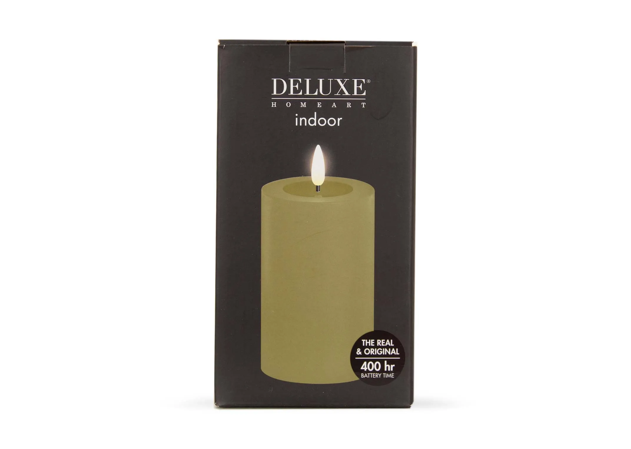 An olive green LED Candle from EZ Livings Deluxe range. Front view of box showing 400 battery hrs
