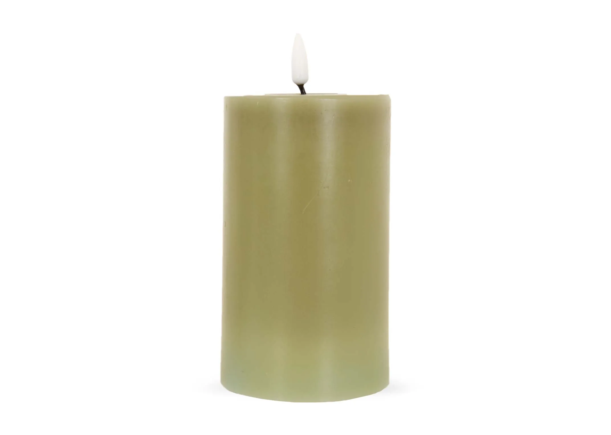 An olive green LED Candle from EZ Livings Deluxe range. Front view of candle off.
