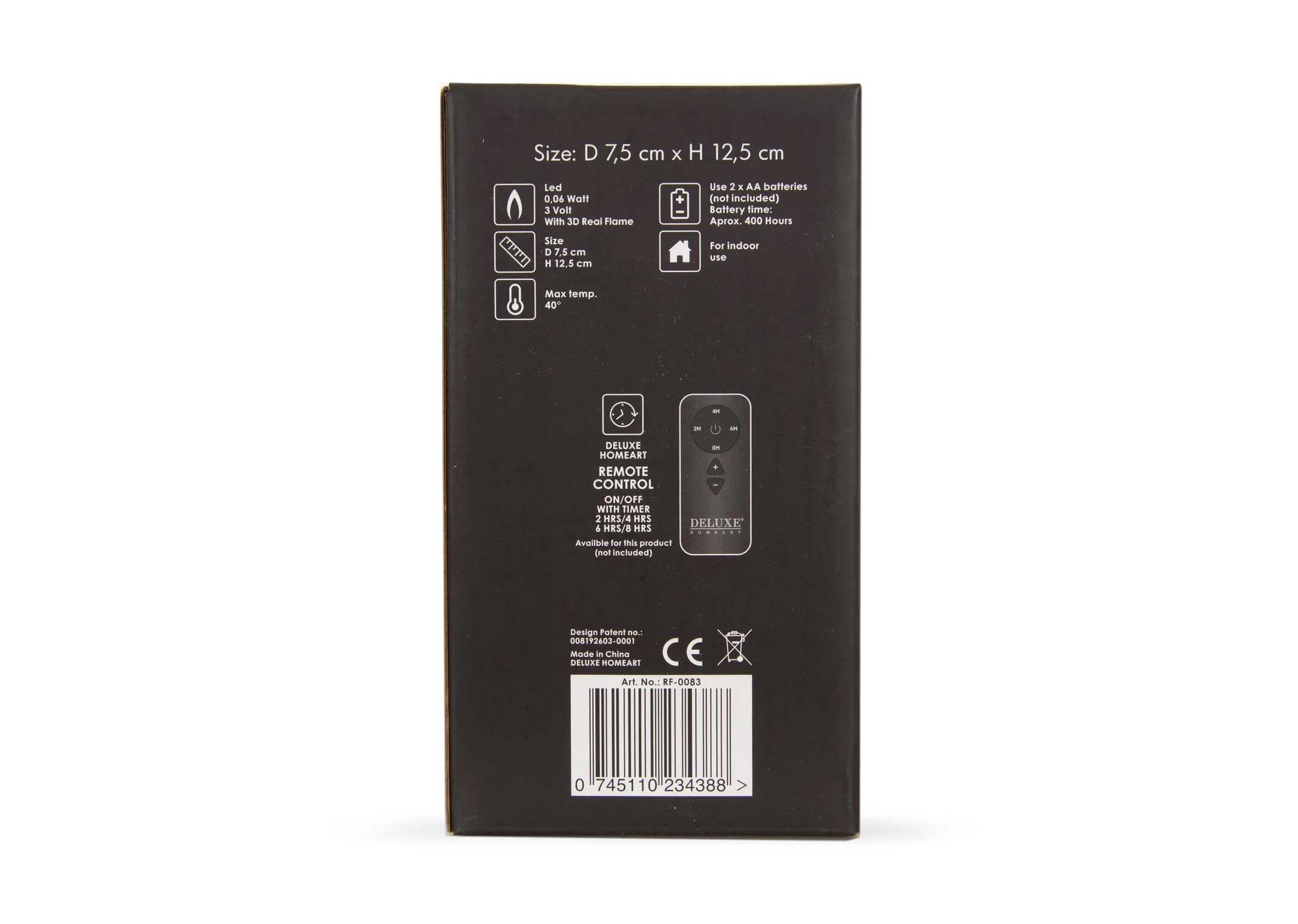An olive green LED Candle from EZ Livings Deluxe range. Back view of box showing no remote included