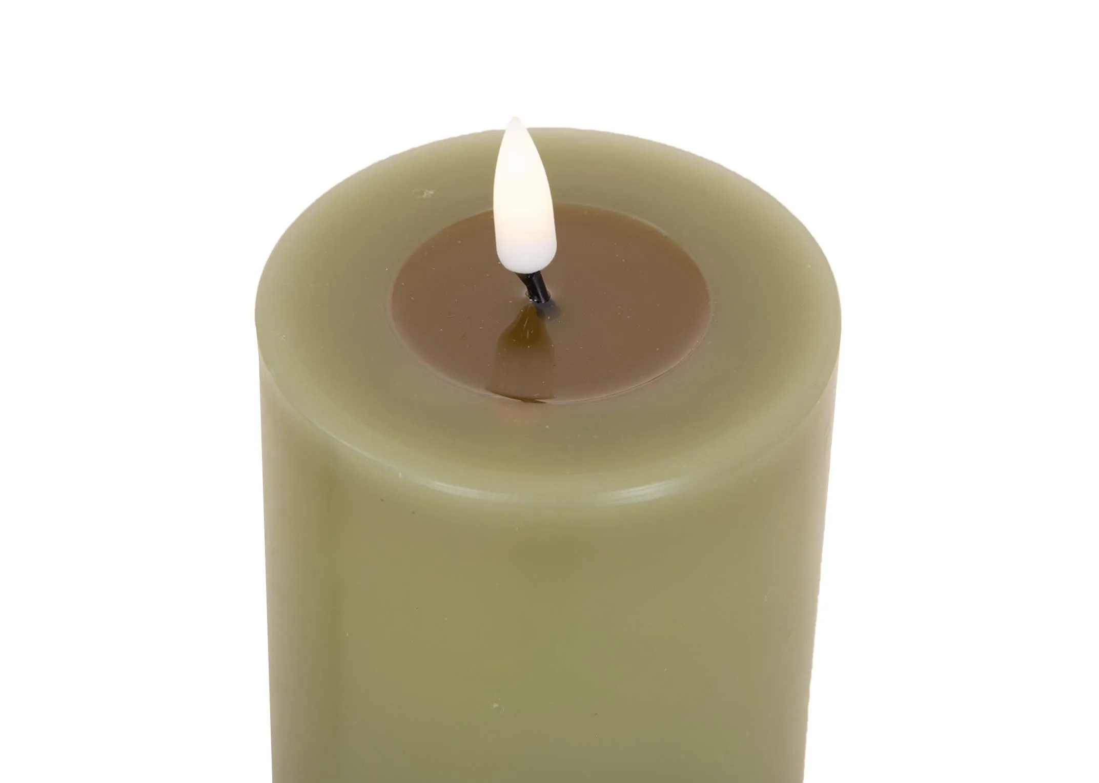 An olive green LED wax candle from EZ Livings Deluxe range. Closeup of wick