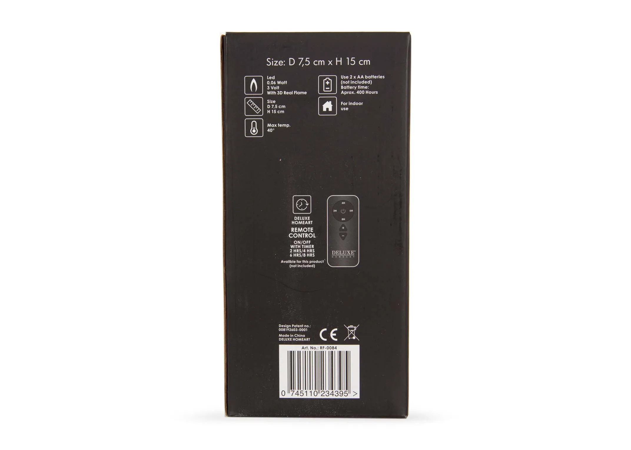 An olive green LED wax candle from EZ Livings Deluxe range. Back of box shows remote control not included.