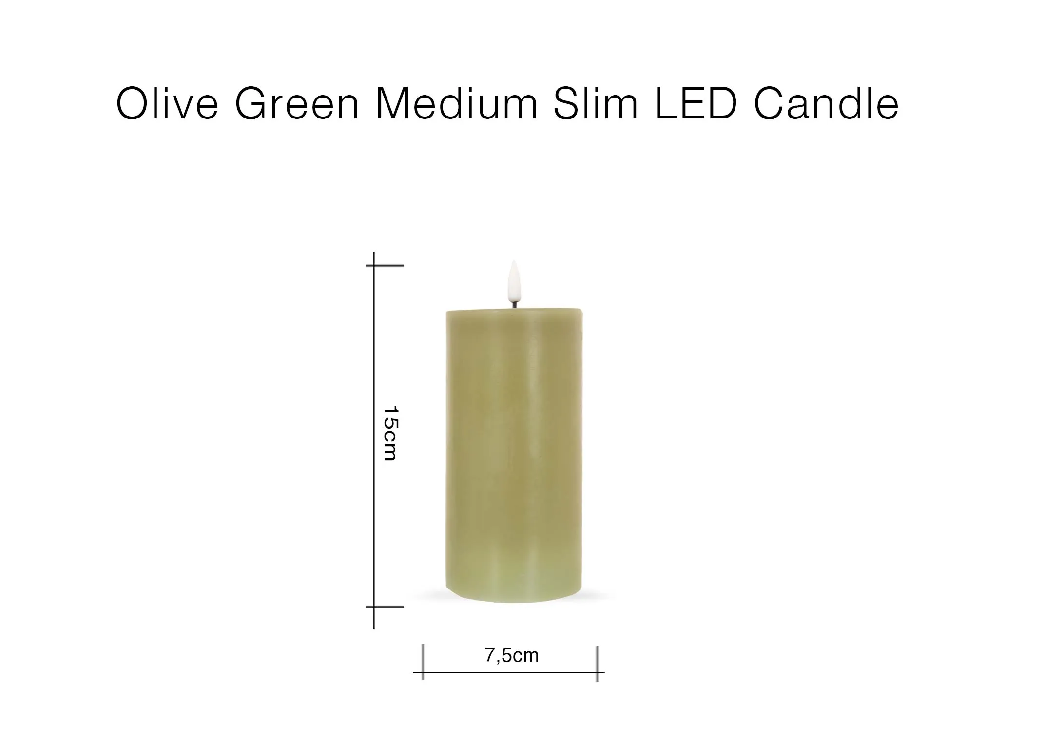 A dimension image of the Olive Green LED Candle with 7.5cm x 15cm