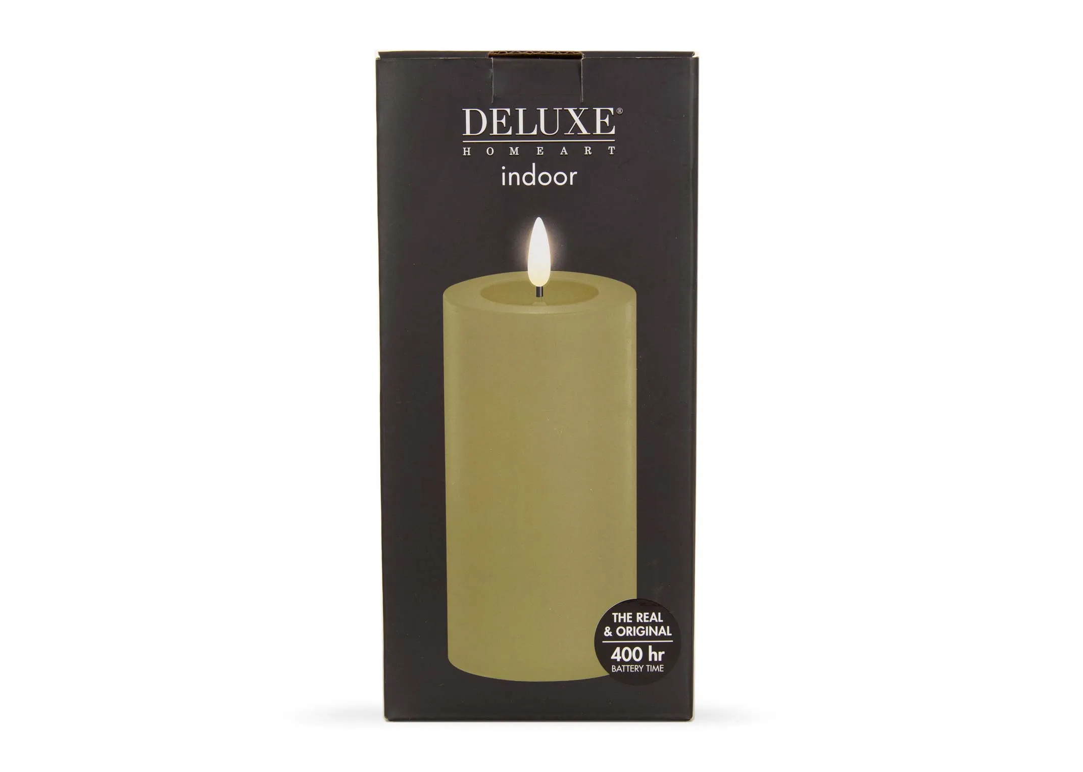 An olive green LED wax candle from EZ Livings Deluxe range. Front view of box stating 400hr battery time