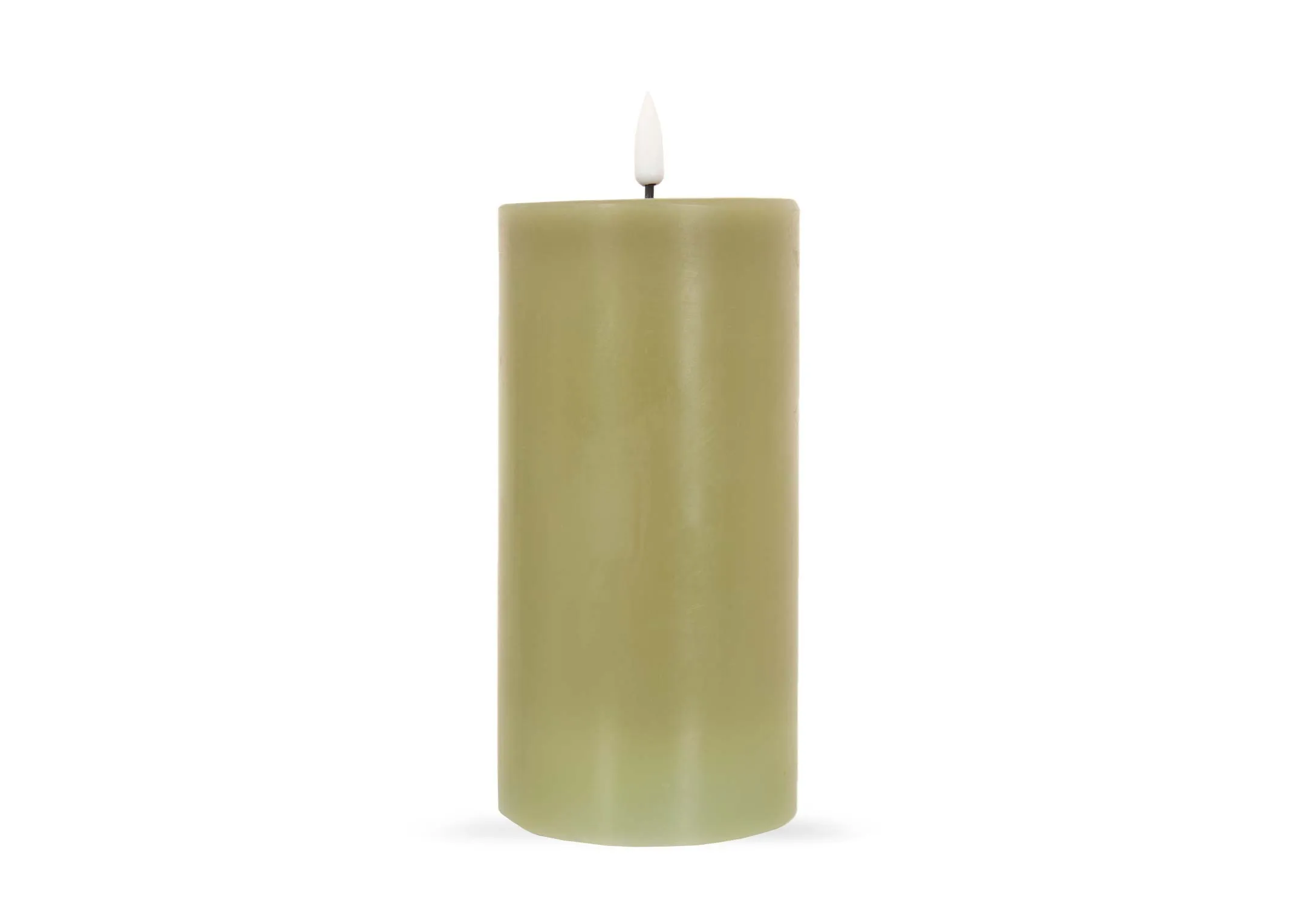 An olive green LED wax candle from EZ Livings Deluxe range. Front view