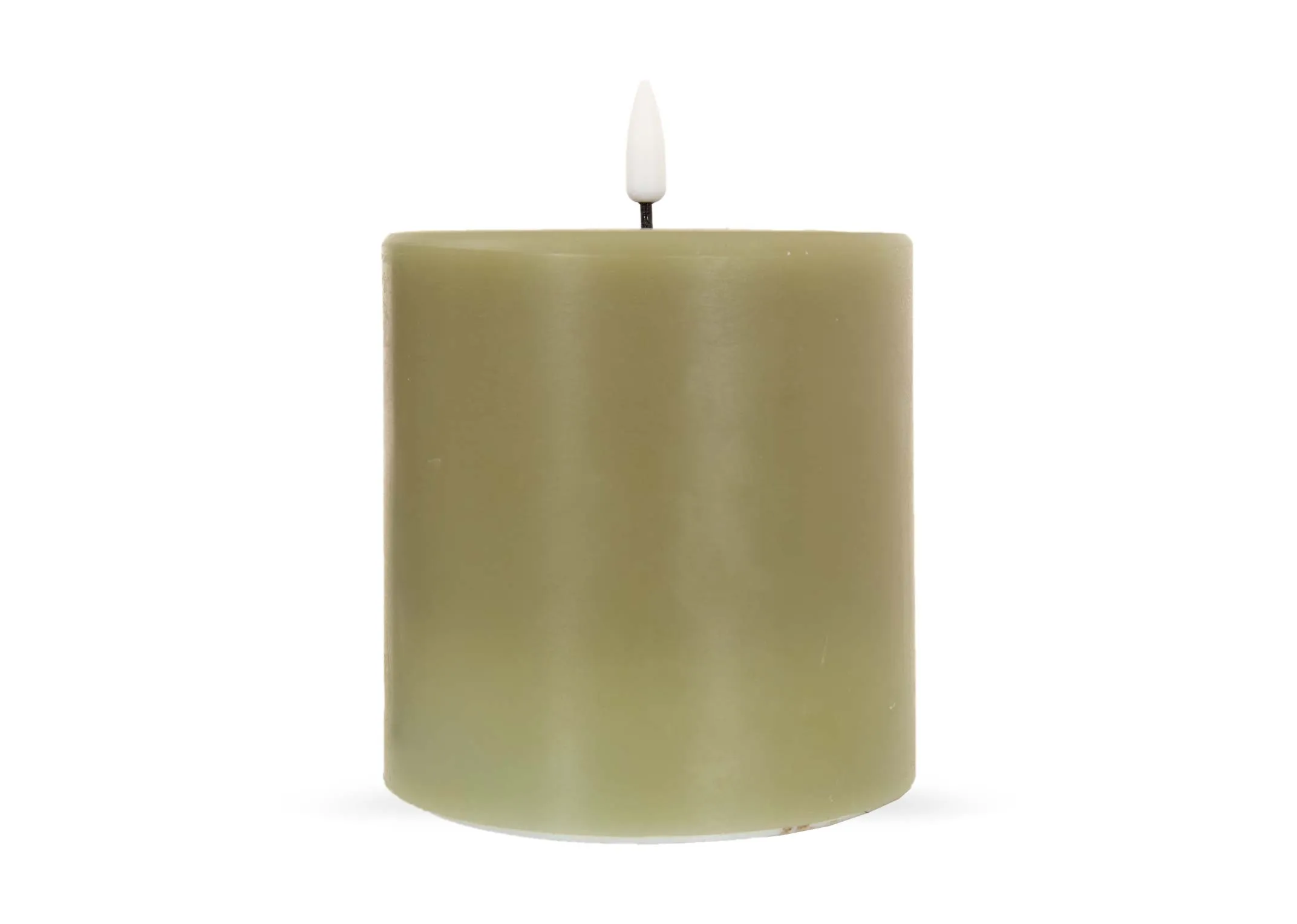 An olive green LED Candle from EZ Livings Deluxe range. Front view of candle off.