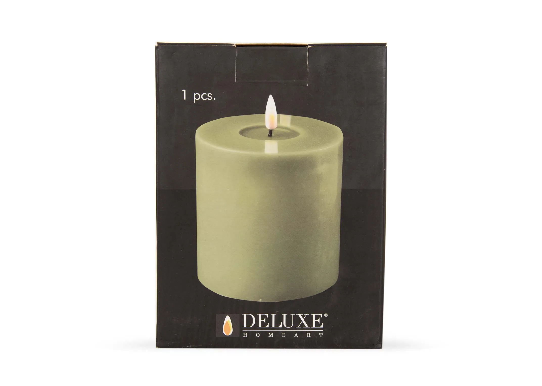 An olive green LED Candle from EZ Livings Deluxe range. Front view of box showing 400 battery hrs