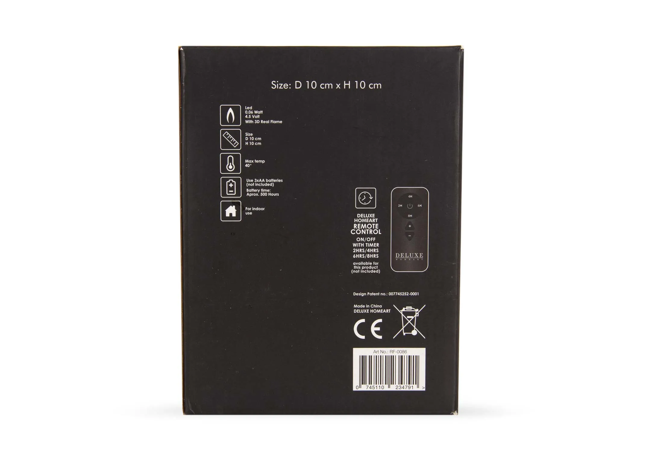 An olive green LED Candle from EZ Livings Deluxe range. Back of box