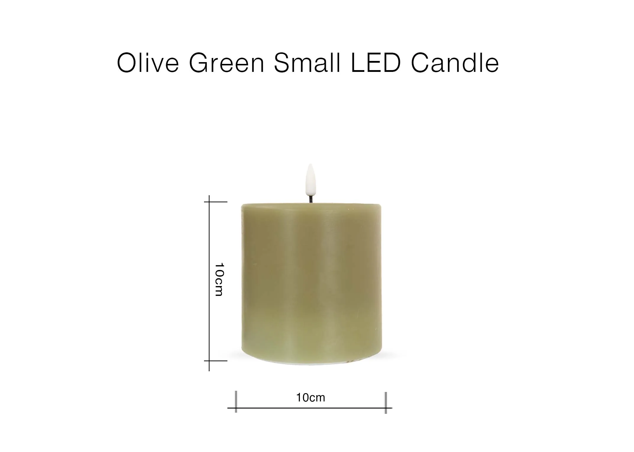 A dimension image of the Small Olive LED Candle with 10cm x 10cm