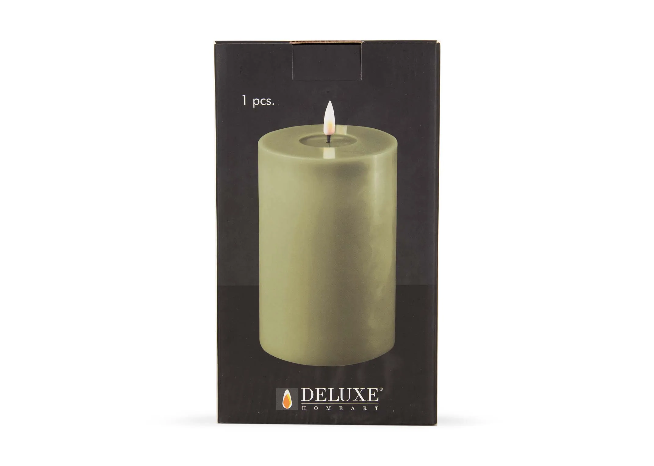 An olive green LED Candle from EZ Livings Deluxe range. Front view of box showing 400 battery hrs