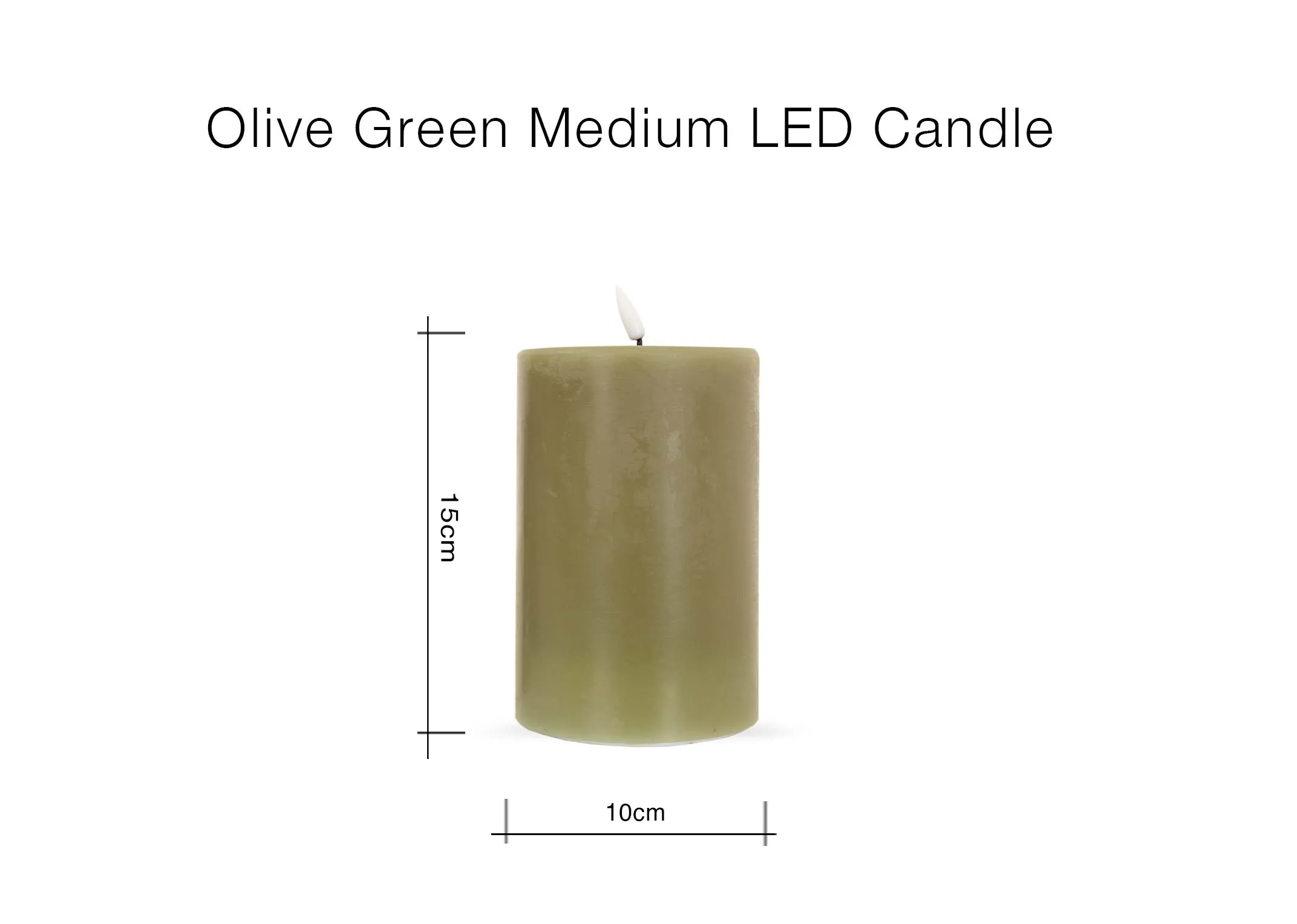 A dimension image of the Olive Green LED Candle with 10cm x 15cm