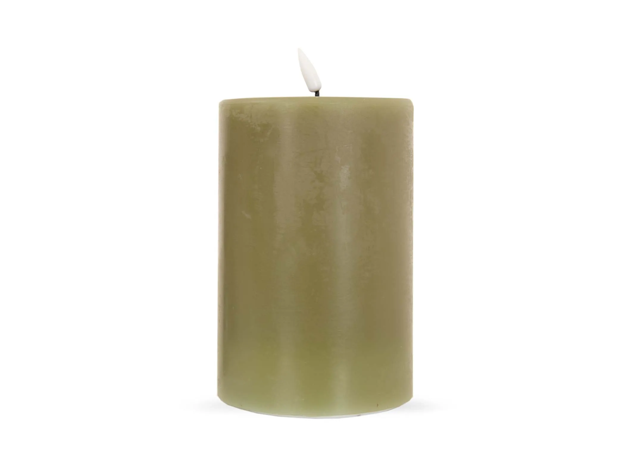 An olive green LED Candle from EZ Livings Deluxe range. Front view of candle off.