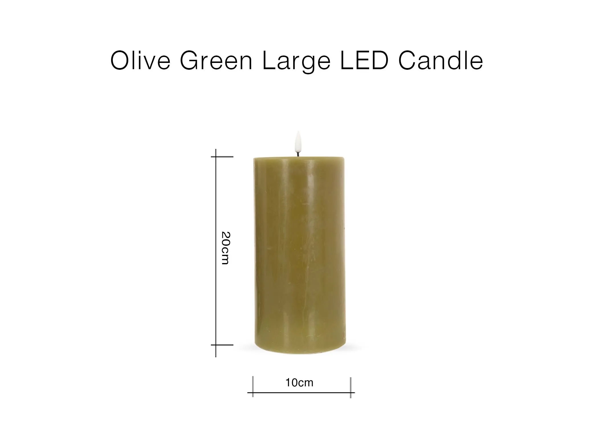 A dimension image of the Olive Green Large LED Candle with 10cm x 20cm