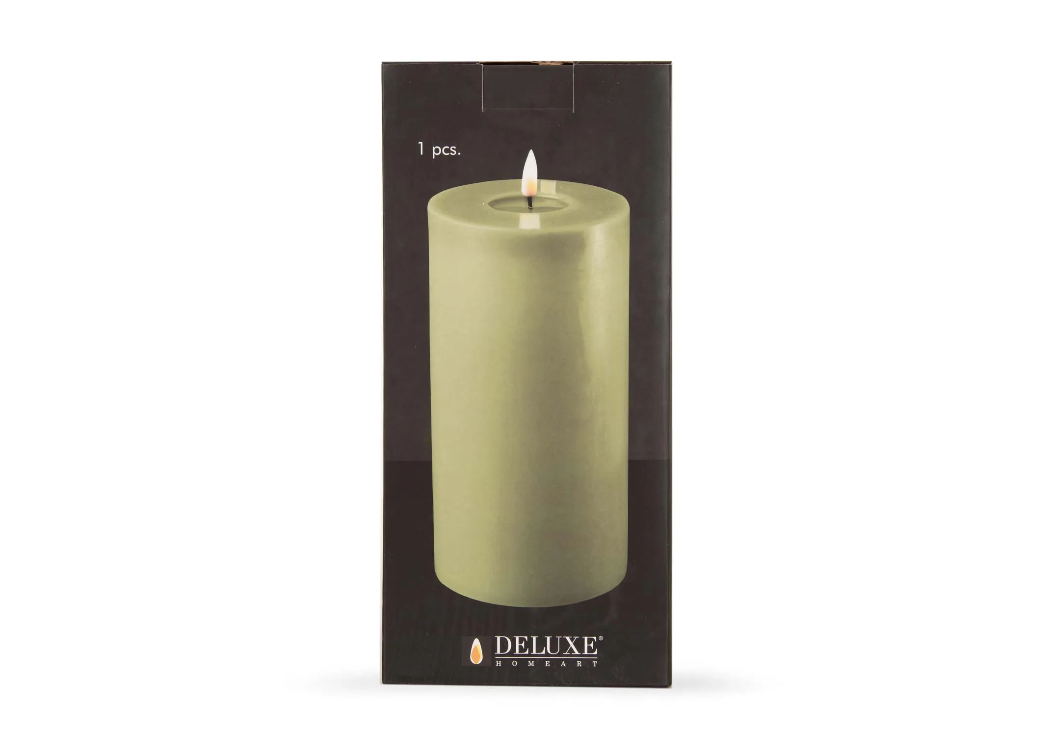 An olive green LED Candle from EZ Livings Deluxe range. Front view of box showing 400 battery hrs