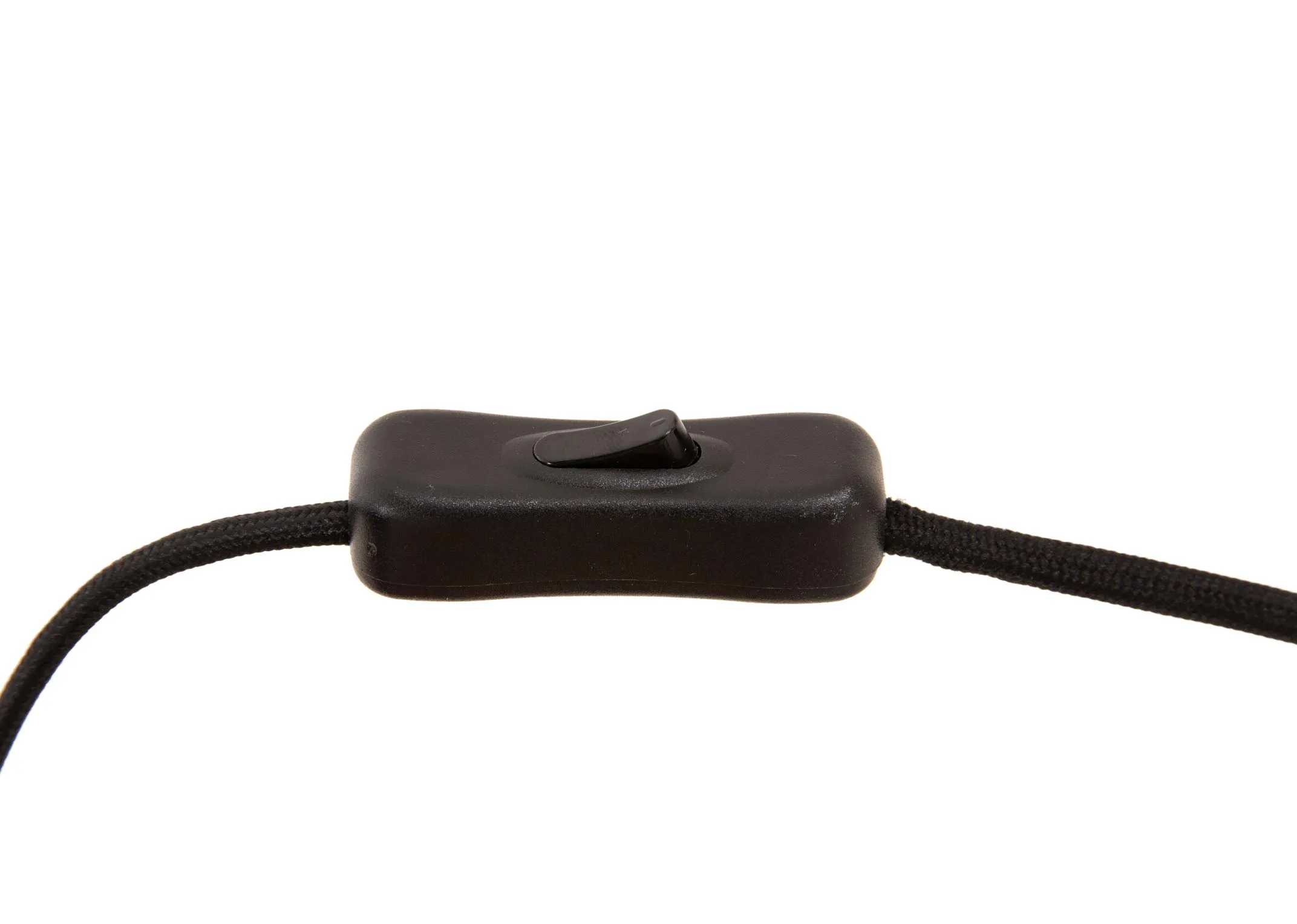 A black metal tripod table lamp with white pleated shade from EZ Livings Starlette range. Closeup of inline switch cable