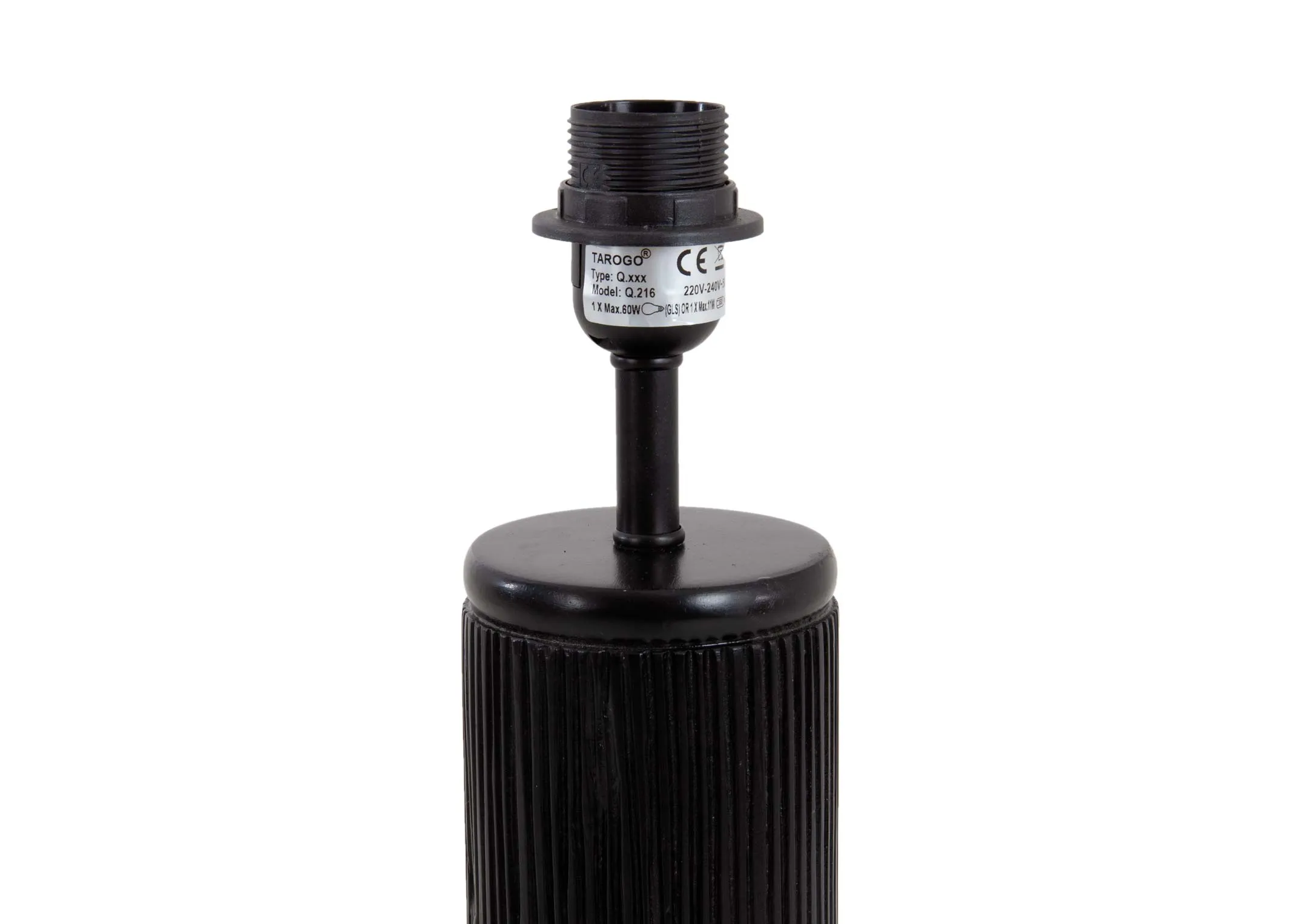A black pannelled table lamp with white barrel shade from EZ Livings Lohas range. Closeup of E27 bulb holder