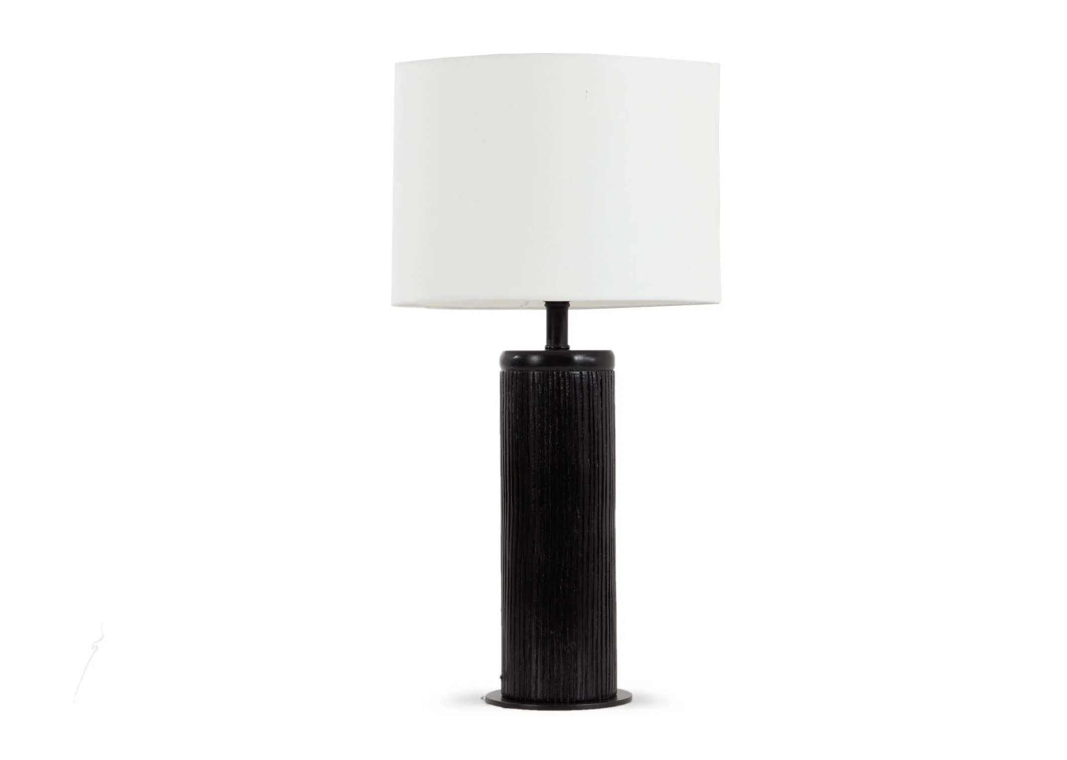 A black pannelled table lamp with white barrel shade from EZ Livings Lohas range. Front view