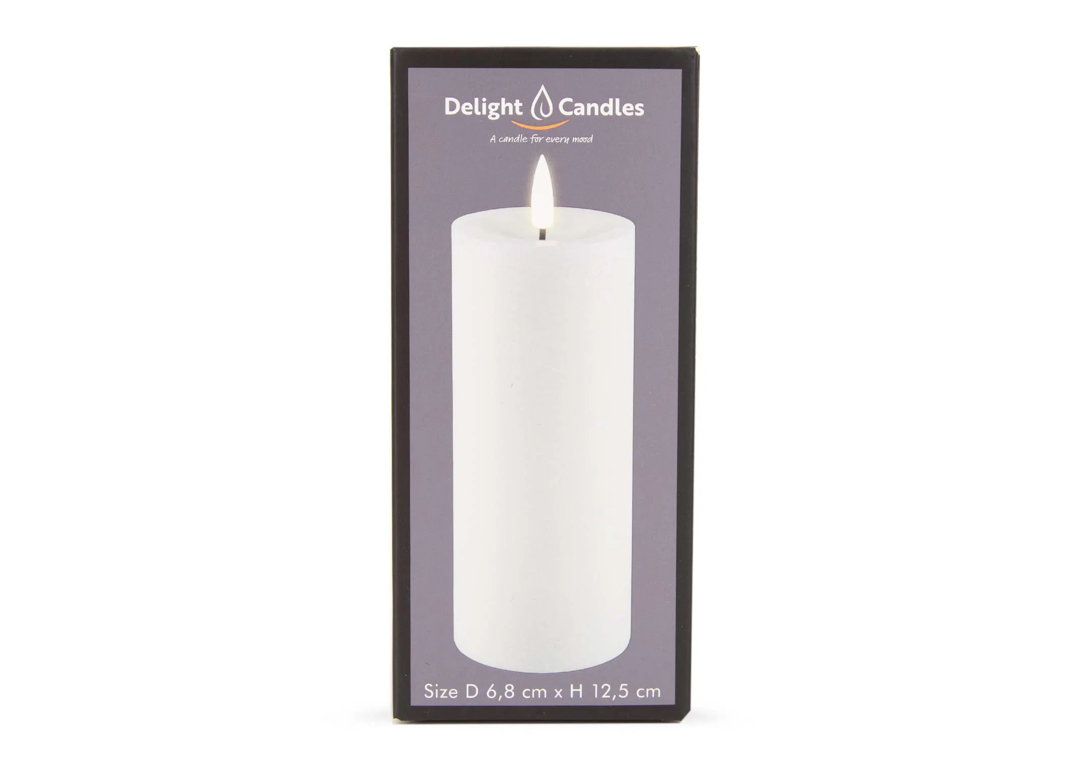 A dimension image of the White LED Medium Candle with 6.8cm x 12.5cm