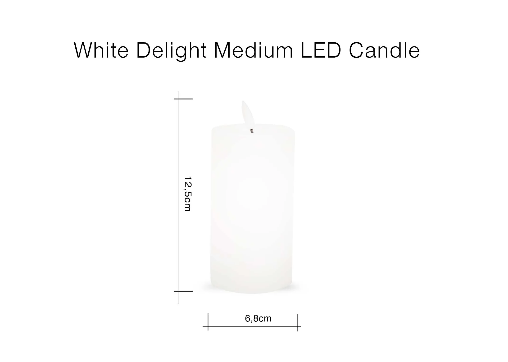 A dimension image of the White LED Medium Candle with 6.8cm x 12.5cm