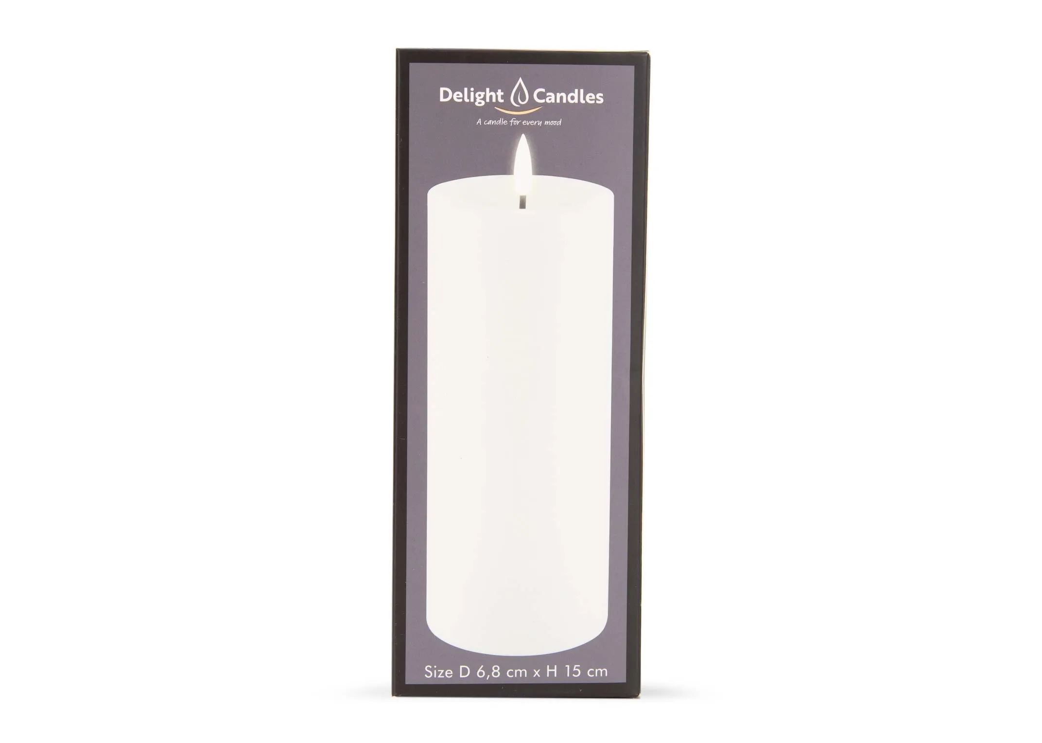 A dimension image of the White Large LED Candle with 6.8cm x 15cm