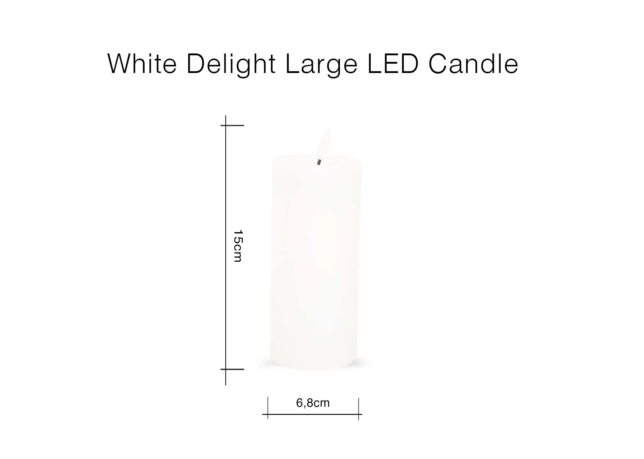 A dimension image of the White Large LED Candle with 6.8cm x 15cm