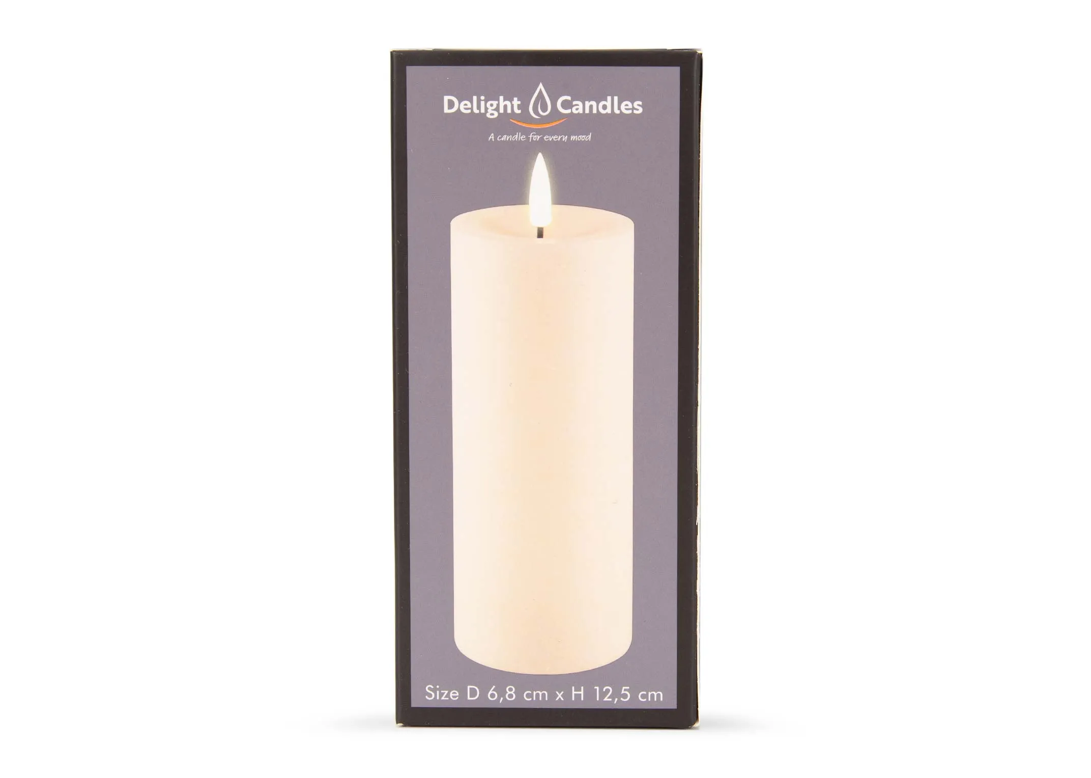 A dimension imaeg of the Medium Cream LED Candle with 6.8cm x 12.5cm
