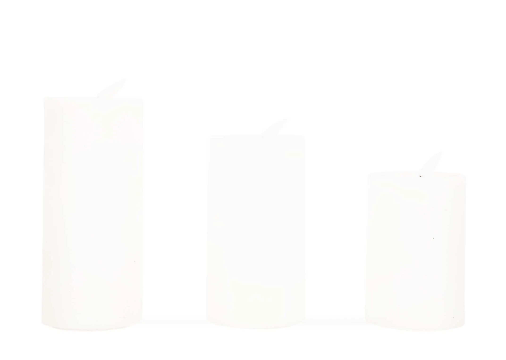 A set of 3 white candles in a box from EZ Livings Delight range. Front veiw of 3 candles small medium & large.