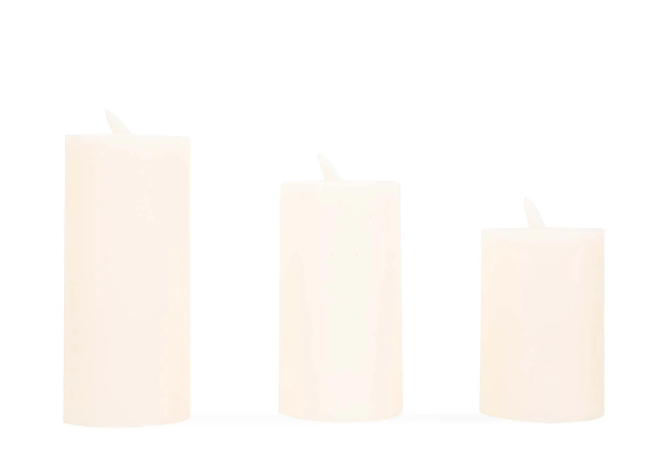 A set of 3 cream candles in a box from EZ Livings Delight range. Front view of small medium & large candles.