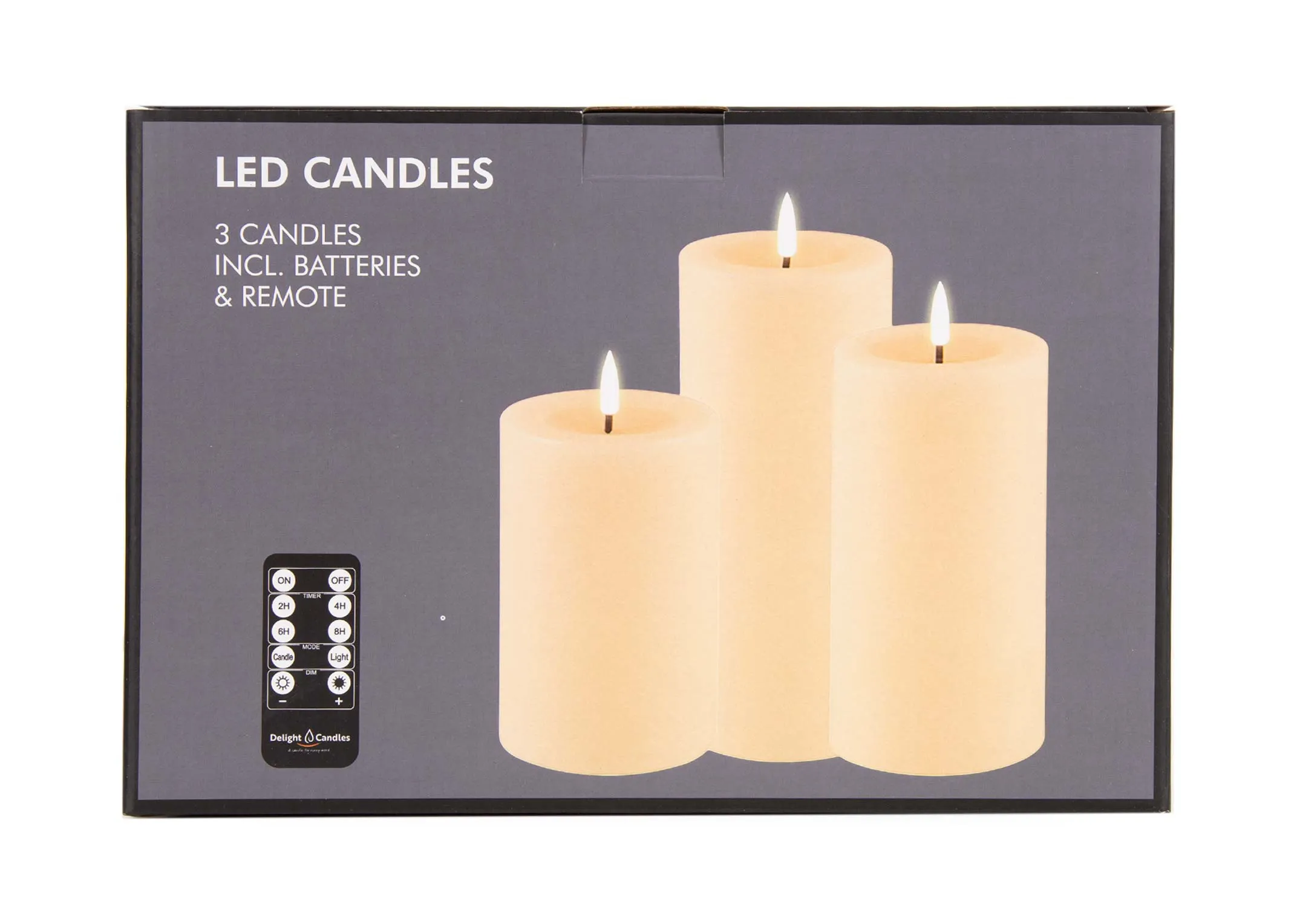 A set of 3 cream candles in a box from EZ Livings Delight range. Front view of box
