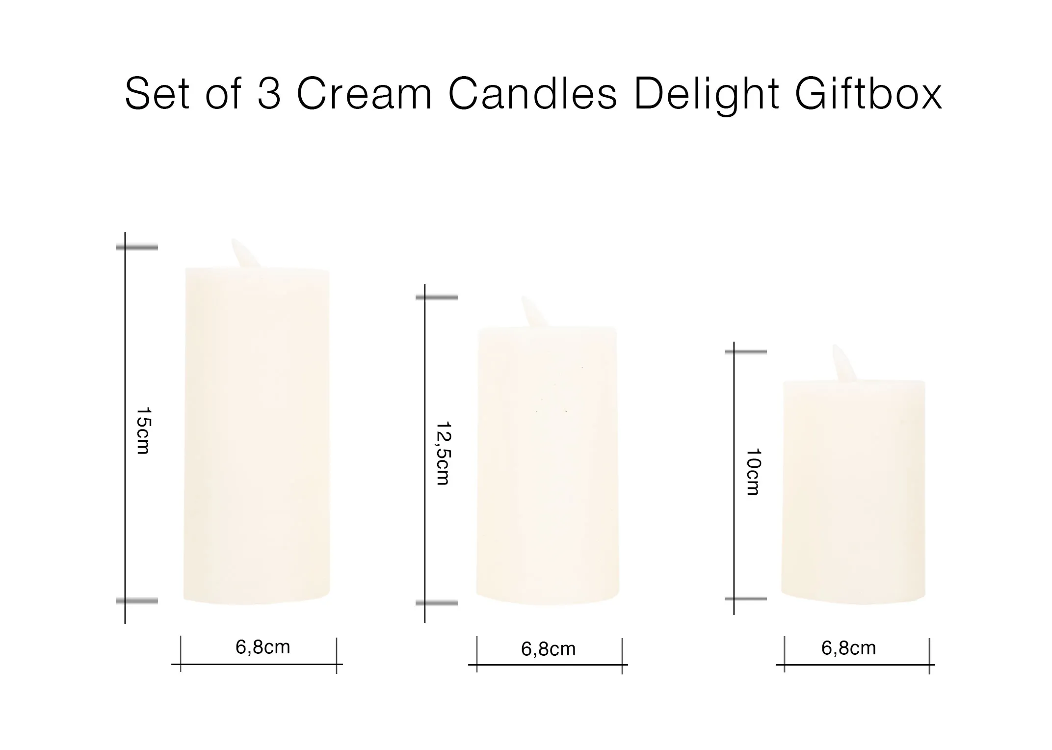 A dimension image of the Set of 3 Cream Candles with 6.8cm x 10cm-15cm