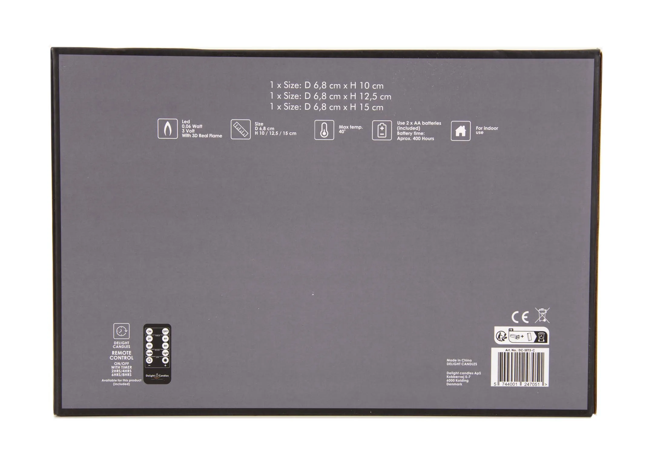 A set of 3 cream candles in a box from EZ Livings Delight range. Back view of box with details of batteries included & remote