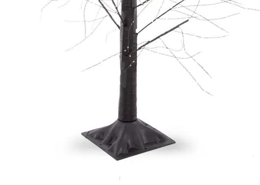 A black LED micro dot tree from EZ Livings Outdoor Tree range. Closeup of square metal stand.
