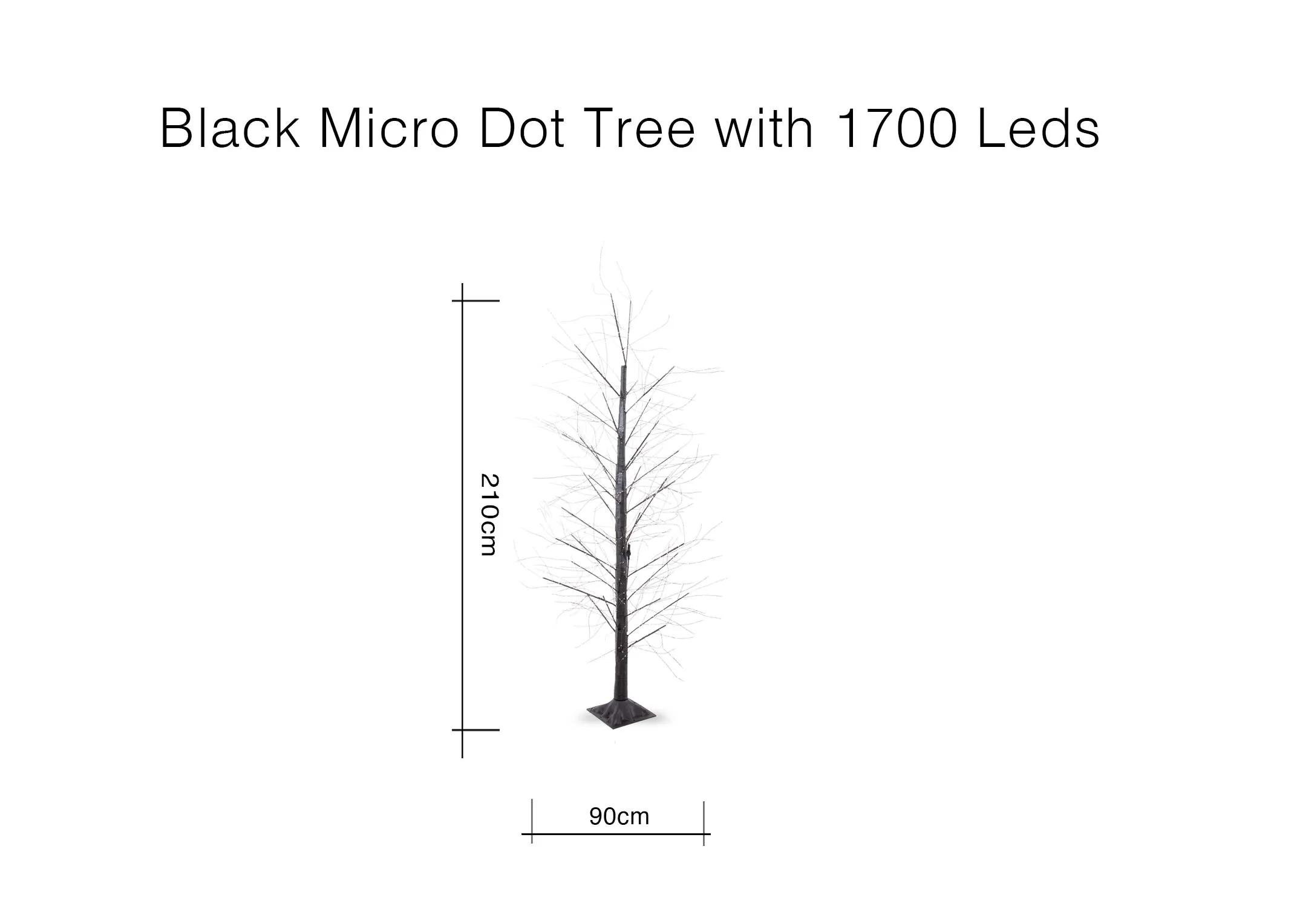 A dimension image of the Black micro Dot tree with 1700 LEDS with 90cm x 210cm