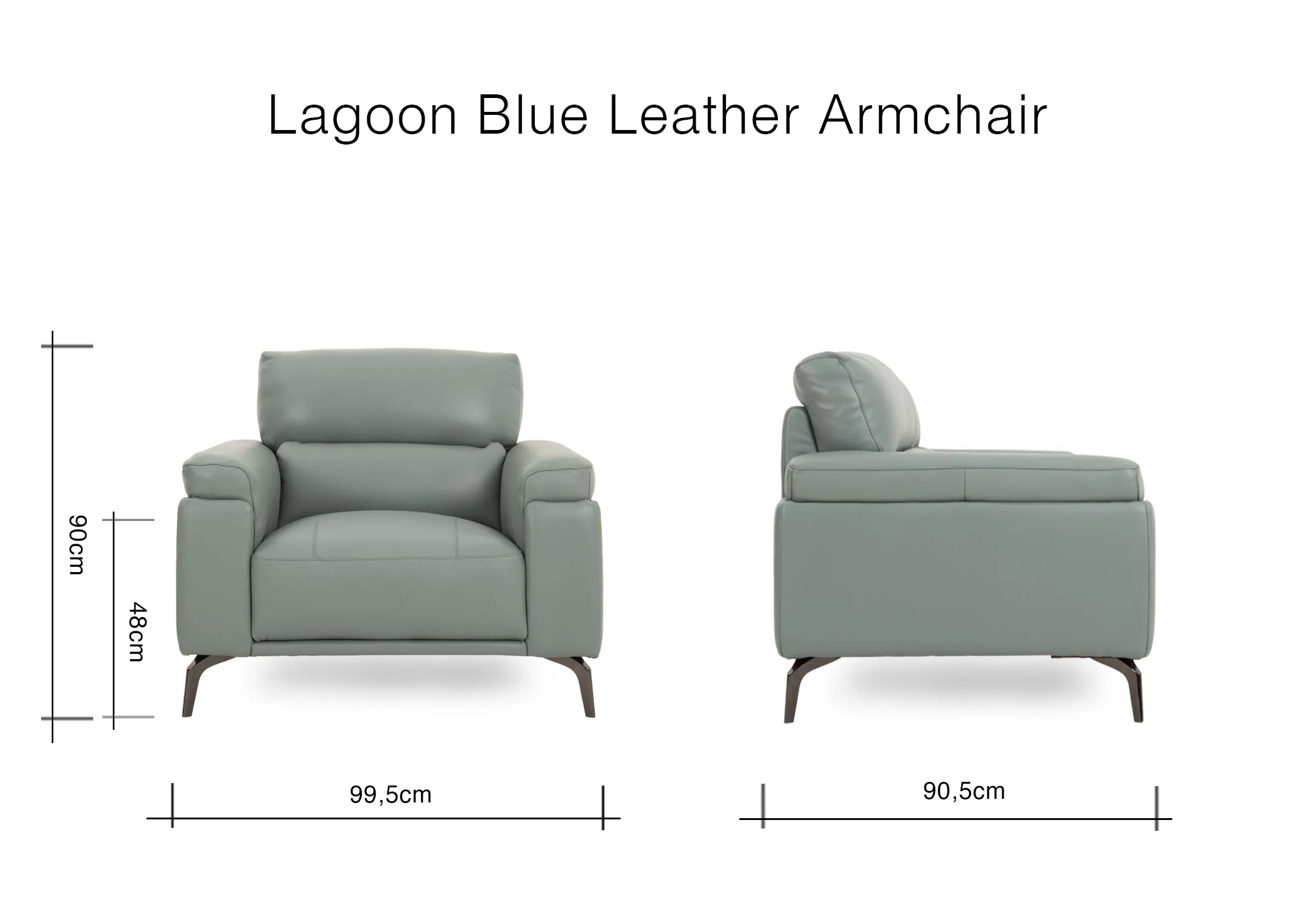 A dimension image of the Lagoon Blue Armchair with 99.5cm x 90.5cm x 90cm