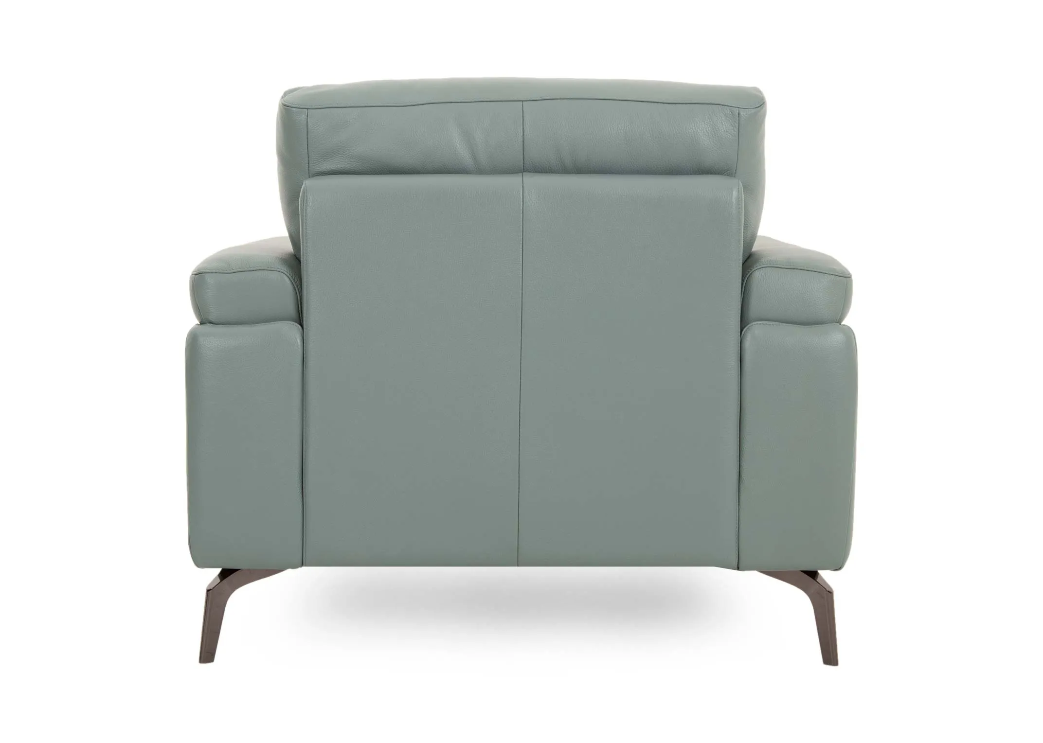 A petrol blue leather armchair from EZ Livings Lagoon range. Back view of warrantied frame