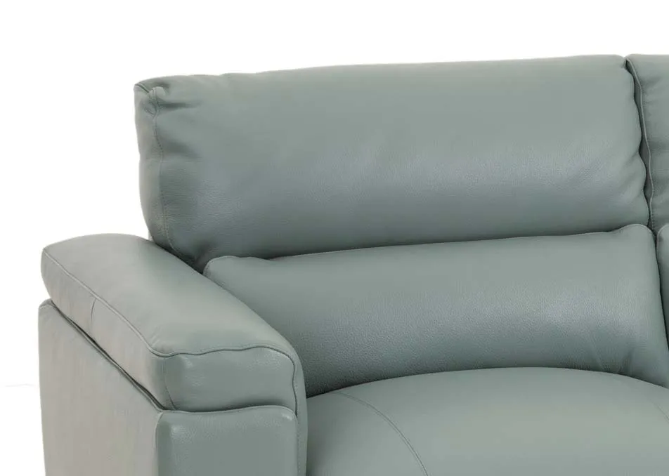 A petrol blue leather 2 seater from EZ Livings Lagoon range. Closeup of leather finish