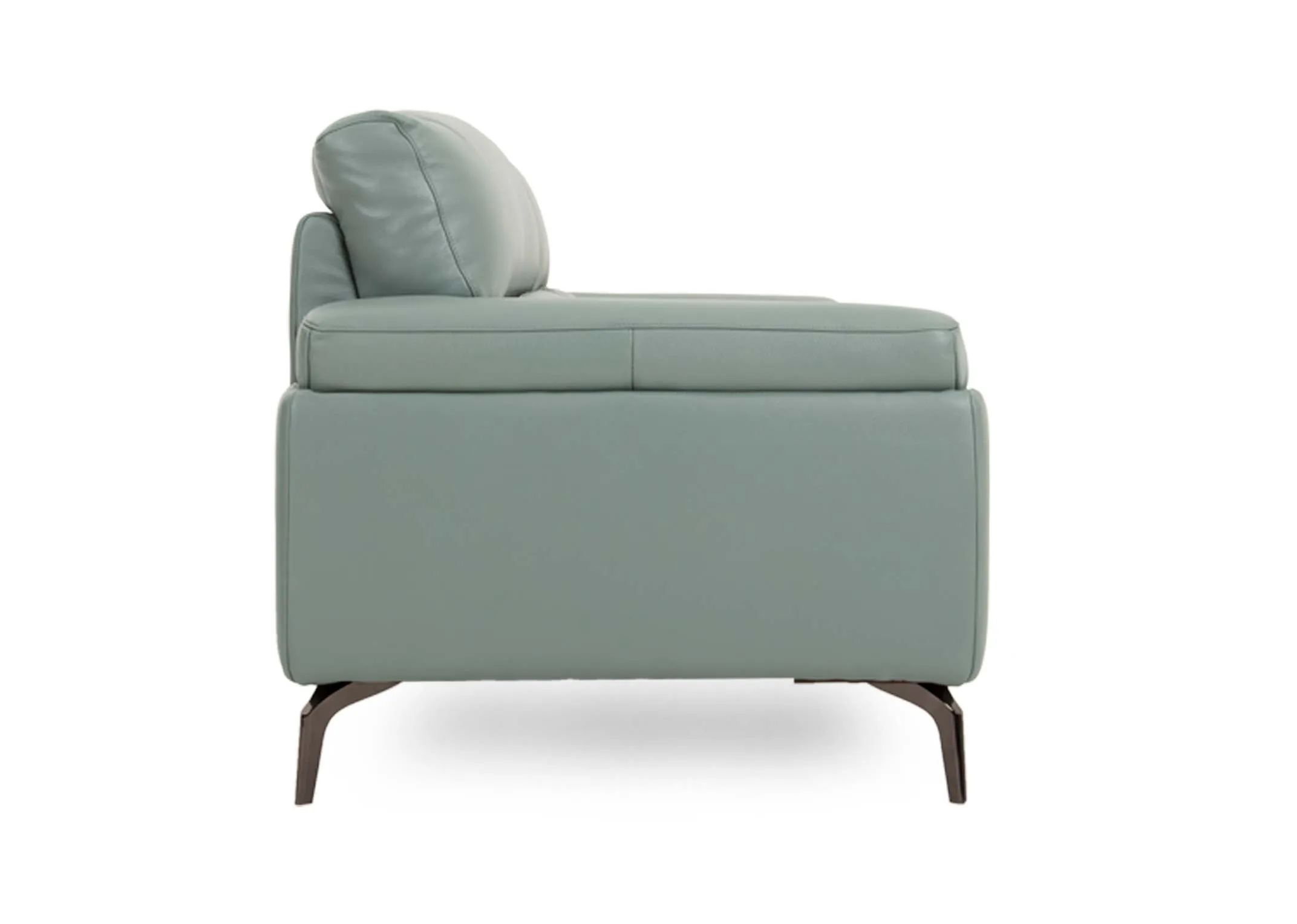 A petrol blue leather 2 seater from EZ Livings Lagoon range. Side view of silver metal feet