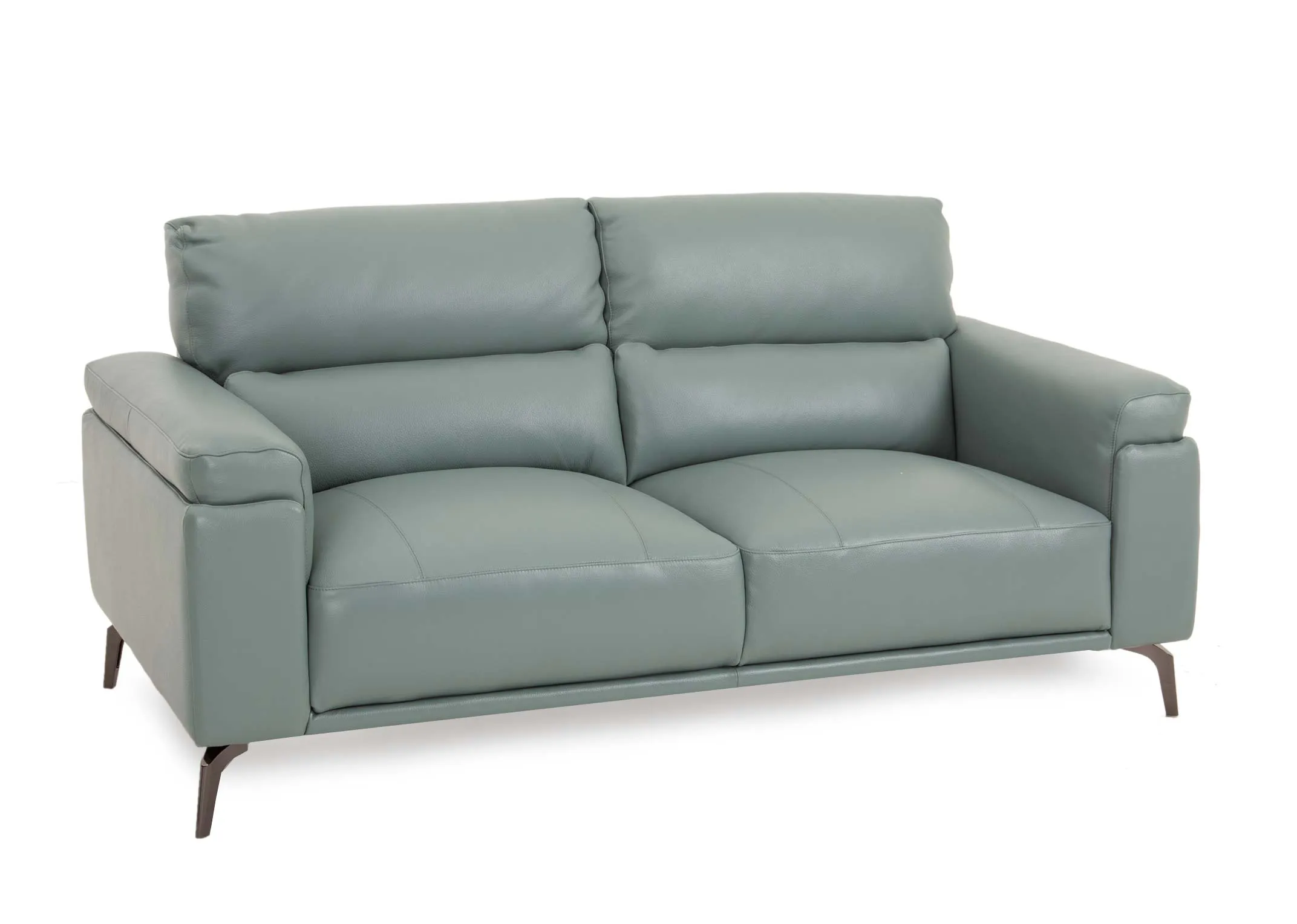 A petrol blue leather 2 seater from EZ Livings Lagoon range. Angled view