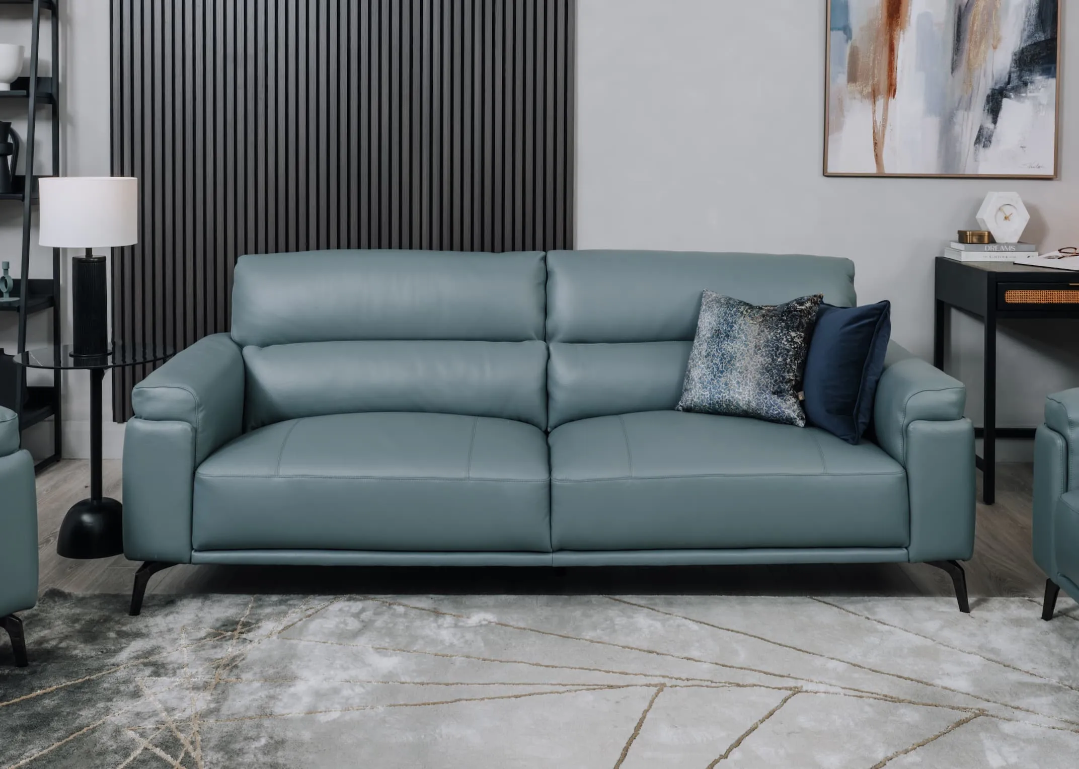 3 Seater Blue Leather Sofa - Lagoon